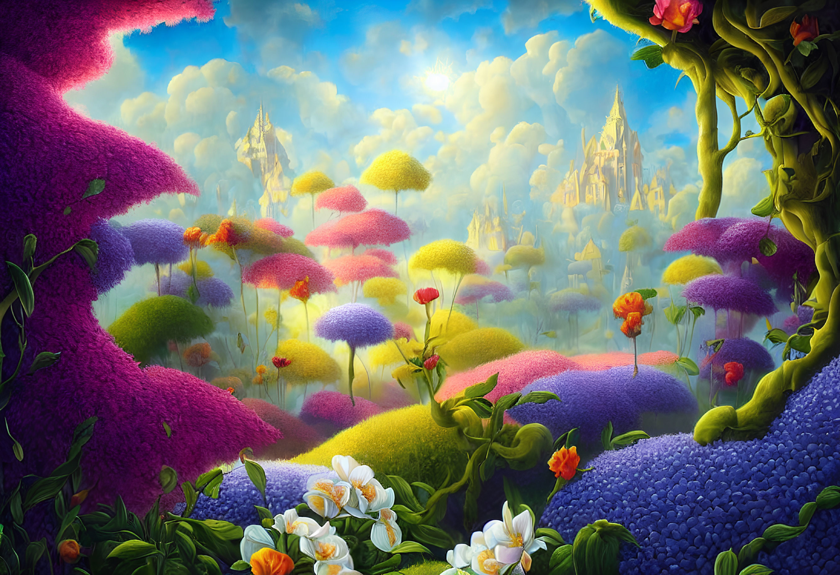 Colorful fantasy landscape with fluffy trees, luminous sky, and distant castle surrounded by lush foliage.