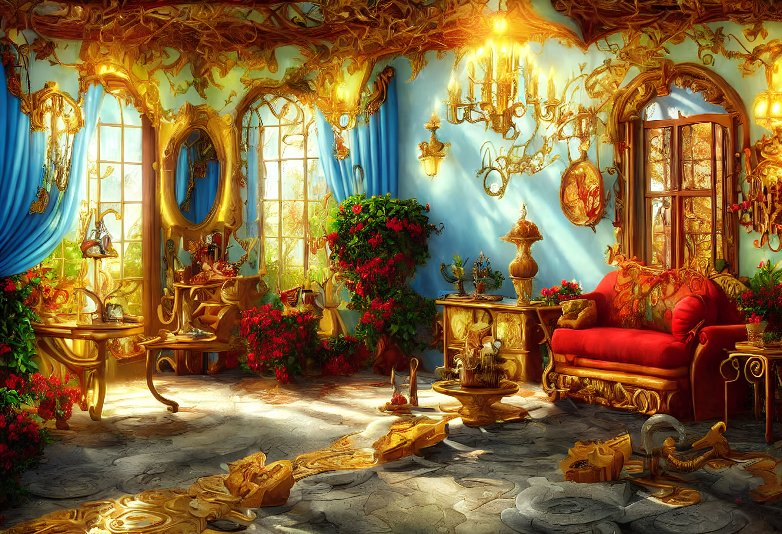 Luxurious Fantasy Room with Golden Accents and Red Couch