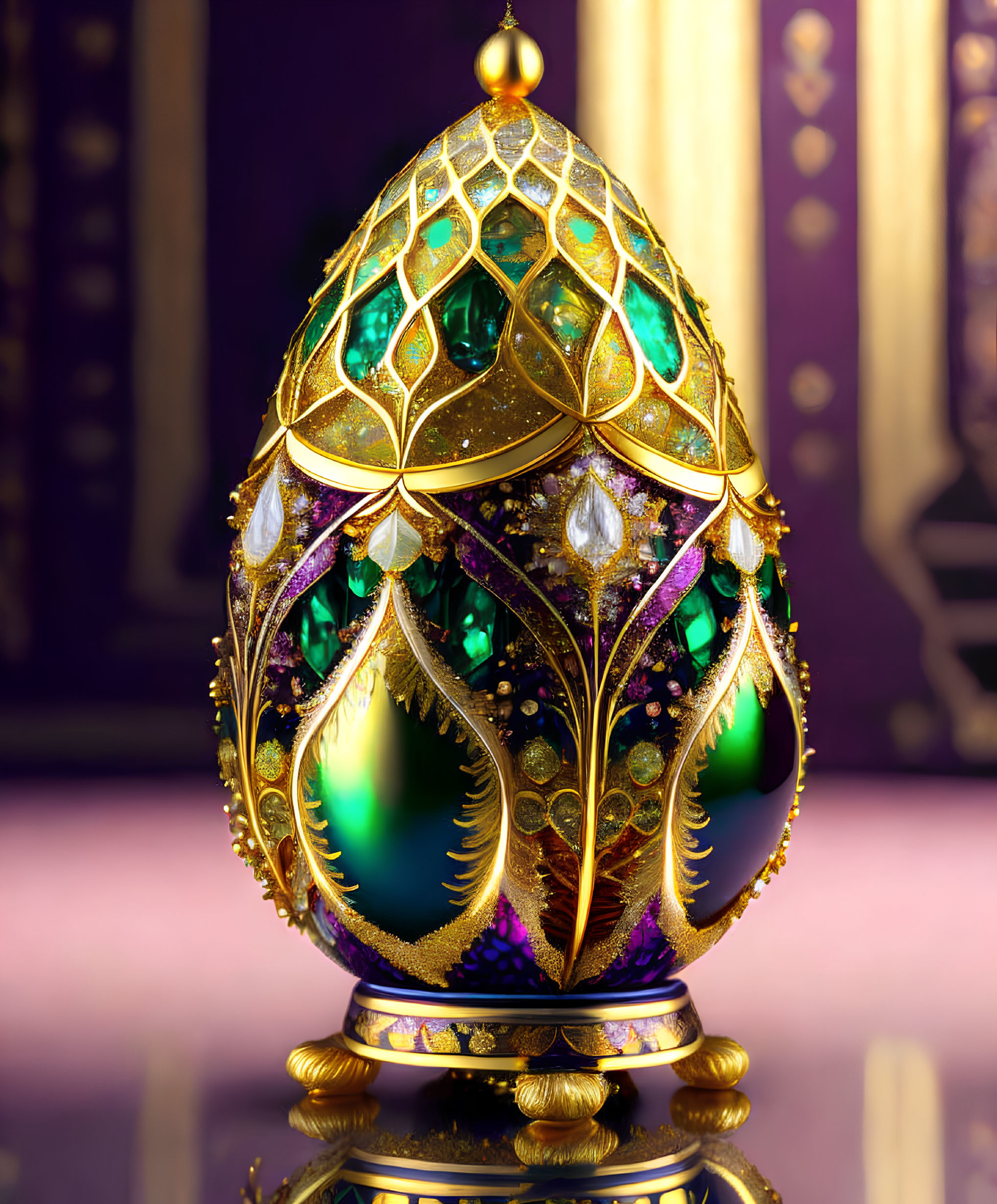 Intricate Fabergé Egg with Gold Filigree and Gem Adornments