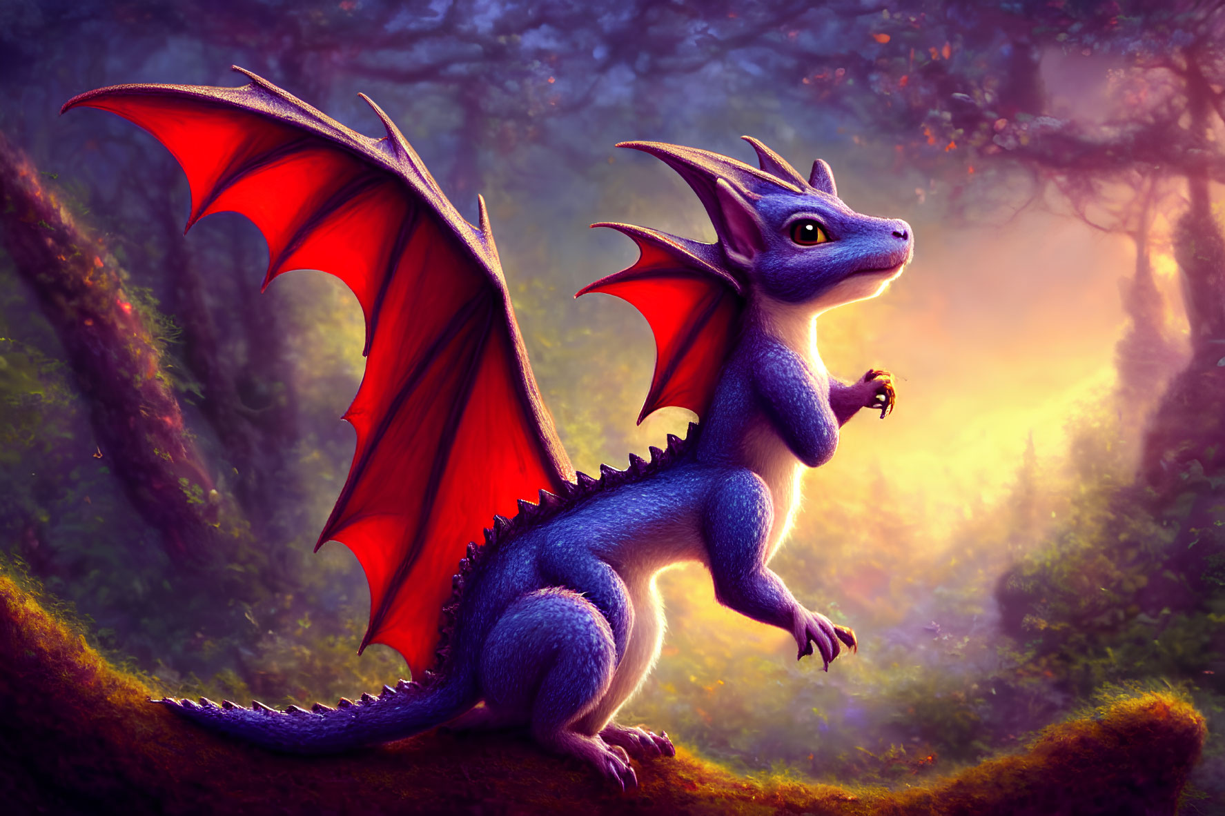 Blue dragon with red wings in mystical forest scene.