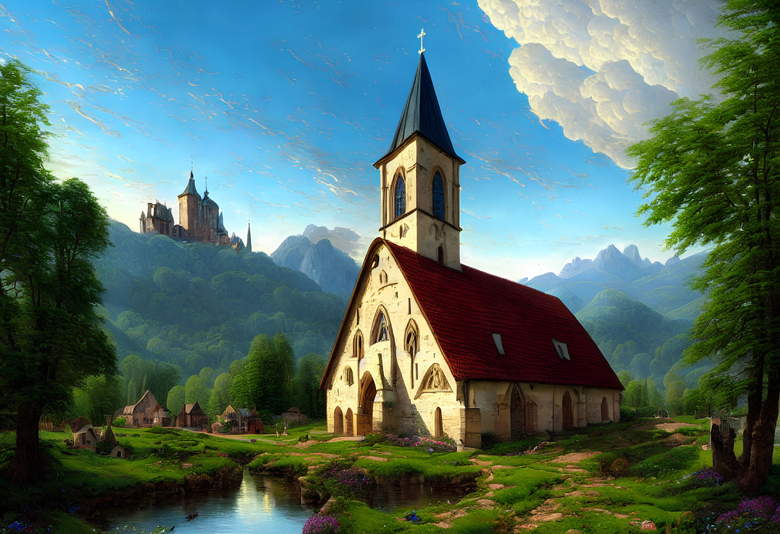 Old church, river, castle, mountains, and sky in scenic landscape.