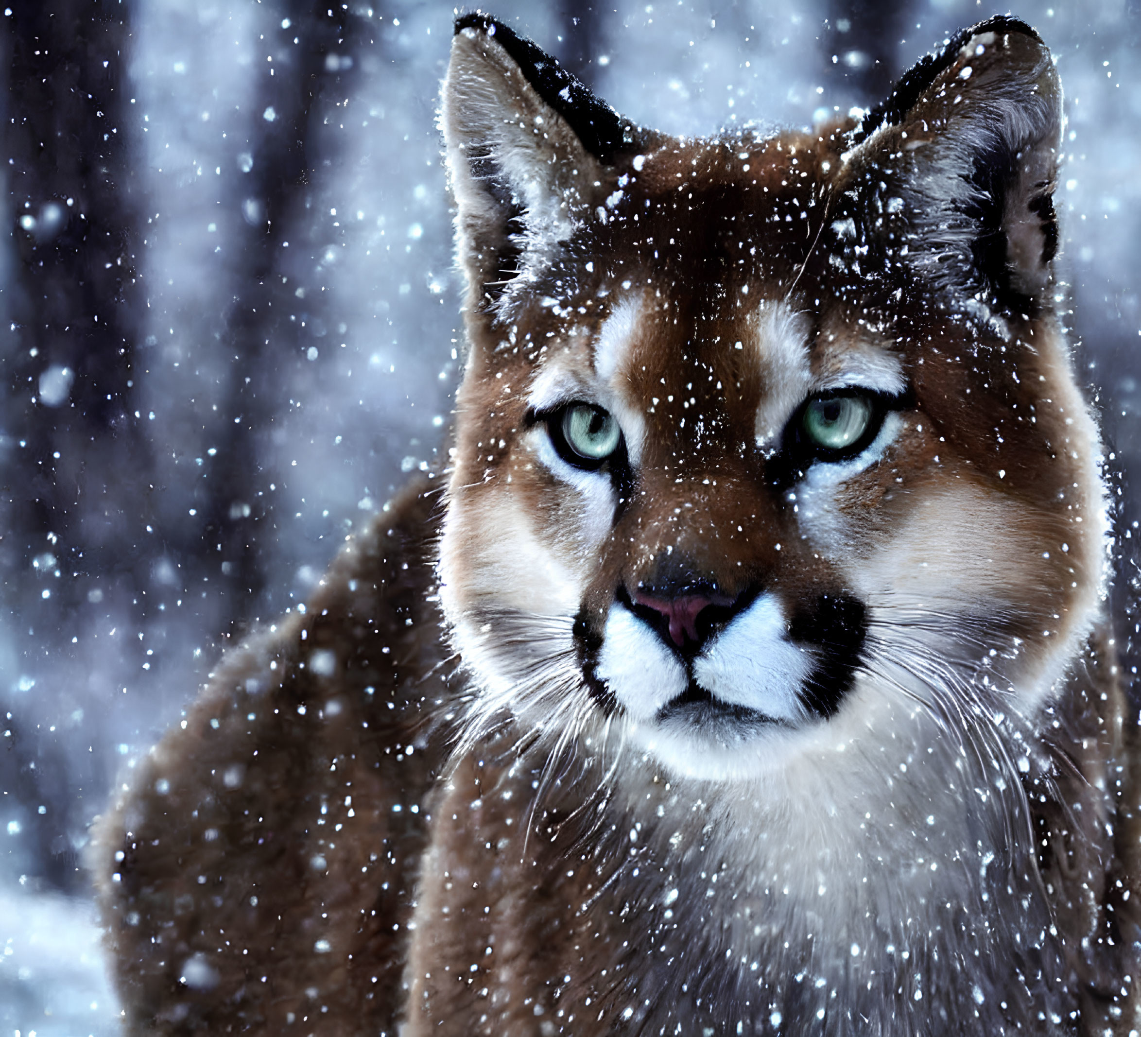 Majestic mountain lion with green eyes in snowy scene