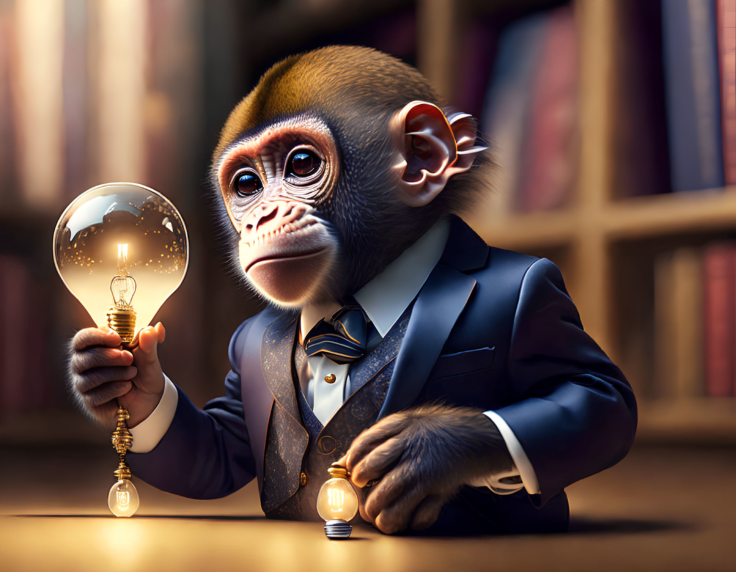 Monkey in Suit Holding Light Bulb in Library Setting