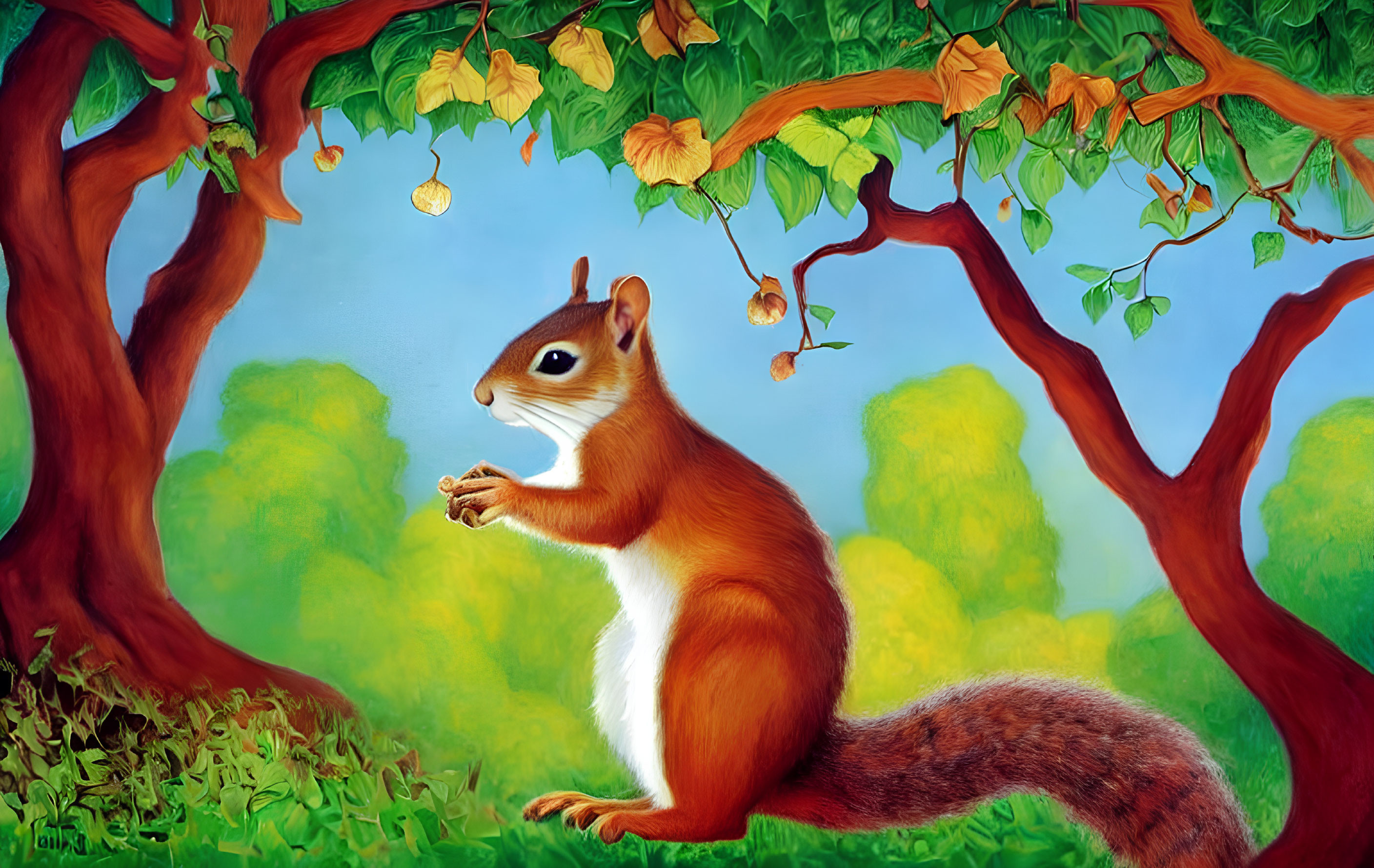 Colorful illustration of plump red squirrel in forest setting