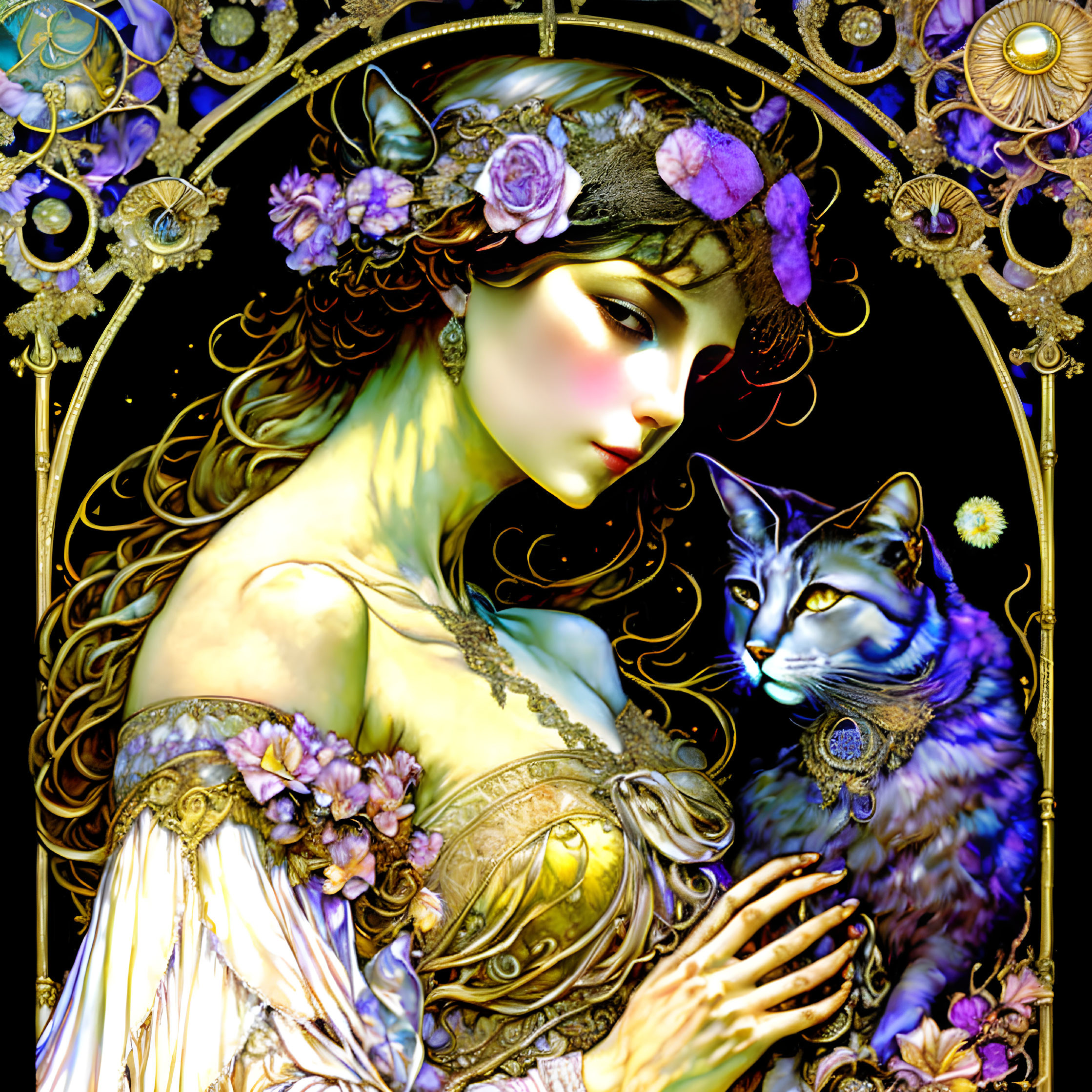 Detailed artwork of woman with flowers and cat in ornate frames