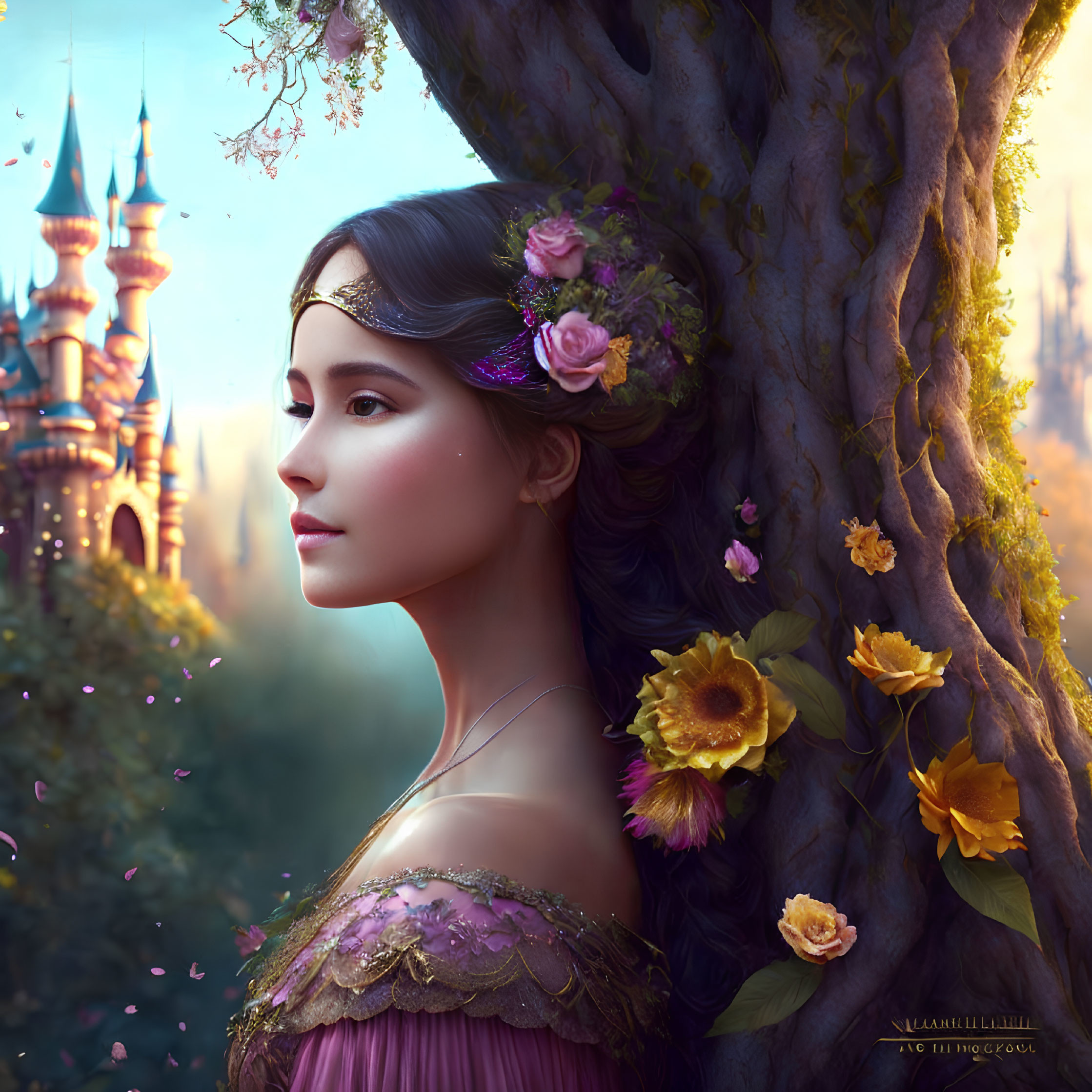 Profile Portrait of Woman with Floral Adornments Merging with Tree and Castle Backdrop