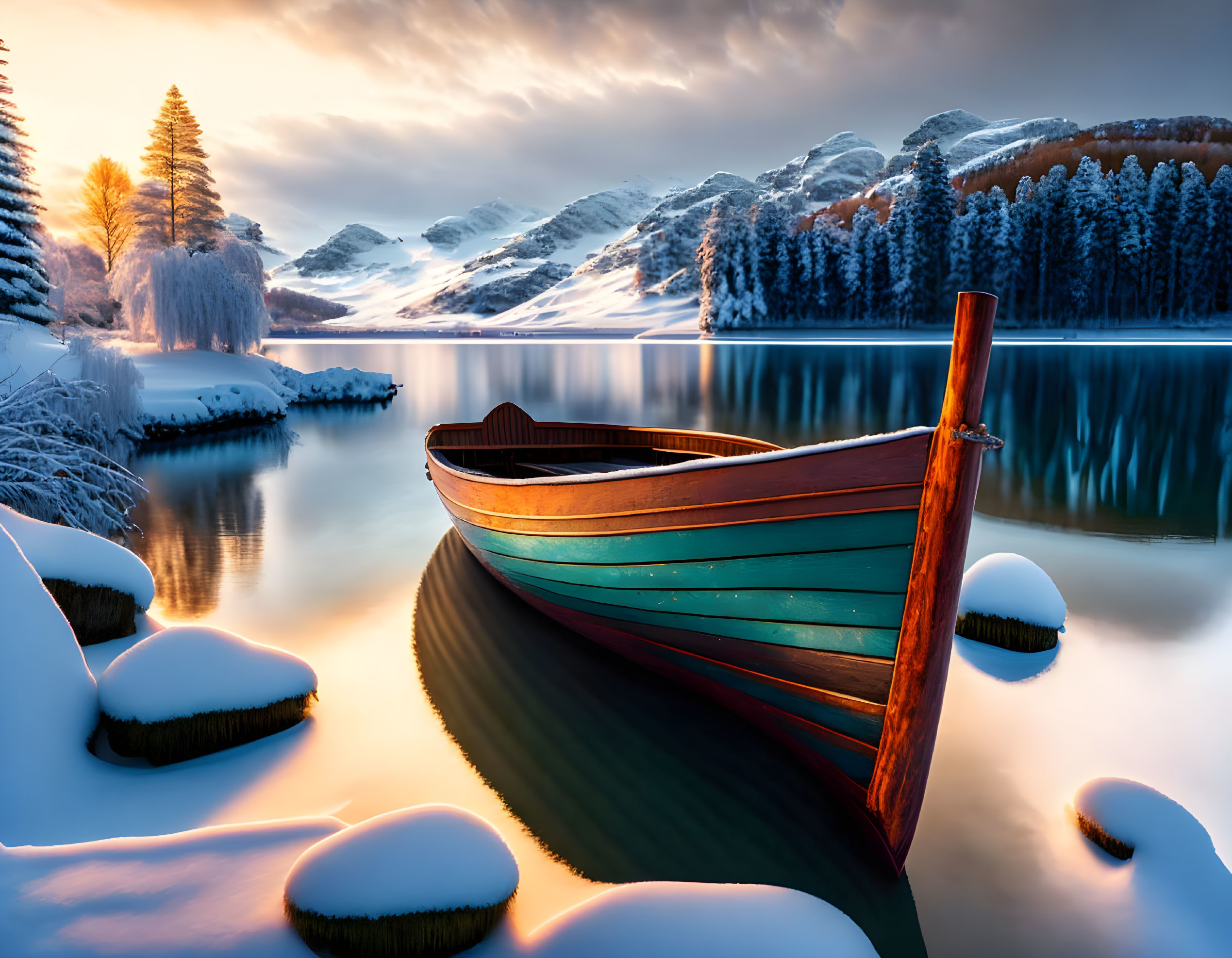 Image of a wooden boat on the Lake shore