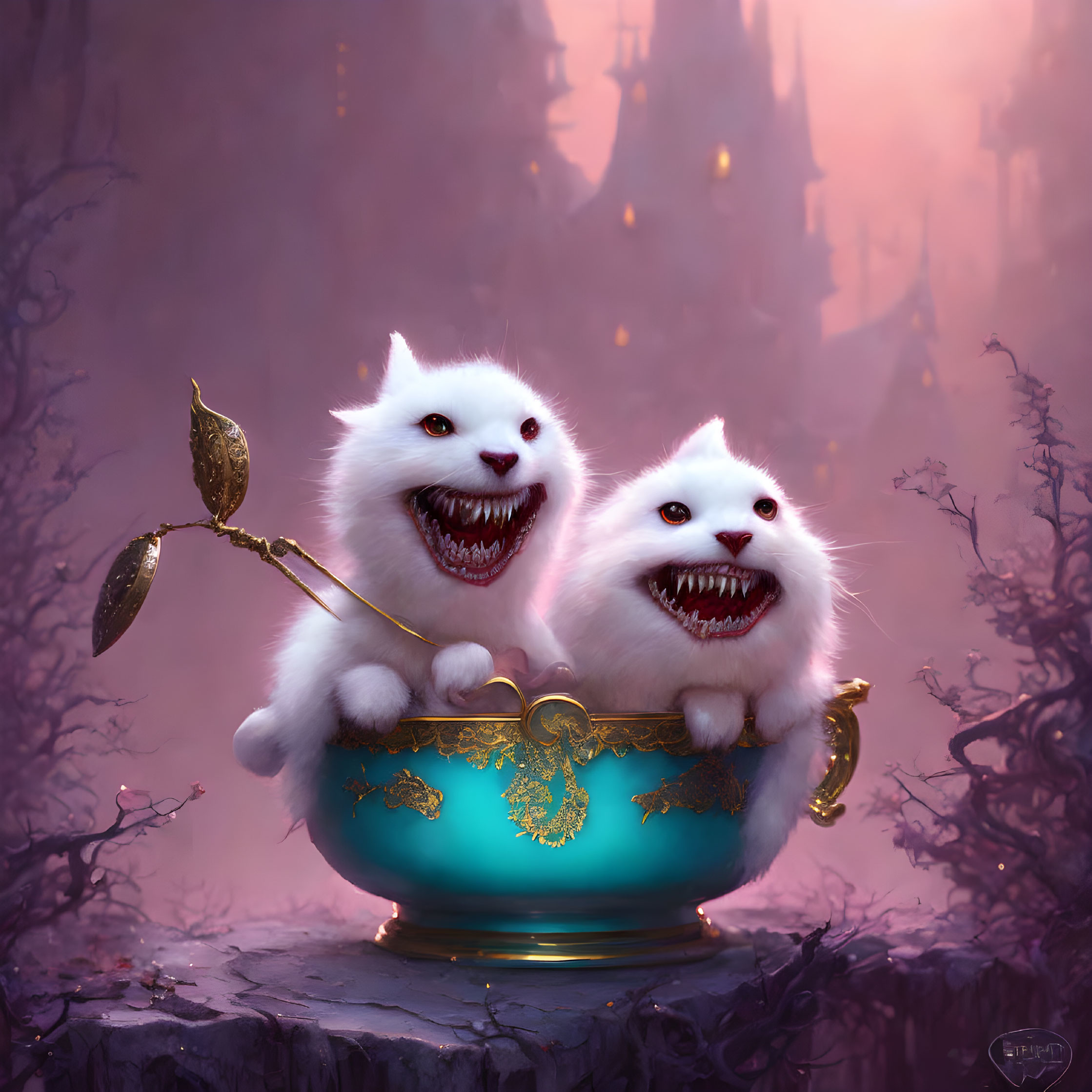 Fantastical white cats in teal bowl with golden spoon, gothic castle background