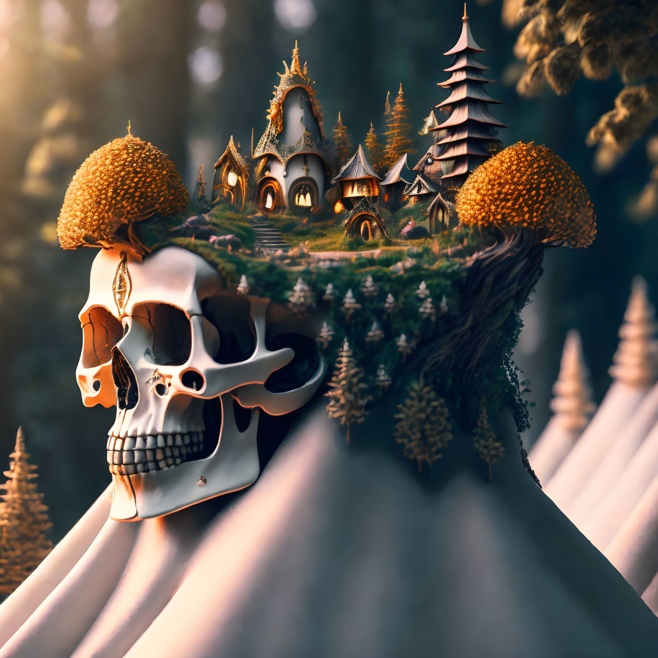 Fantasy landscape: skull-shaped mountain, mushroom caps, village, pine trees, pagoda, golden