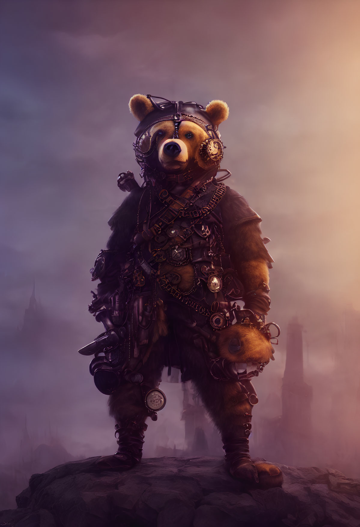 Steampunk bear in goggles on rock with misty city backdrop