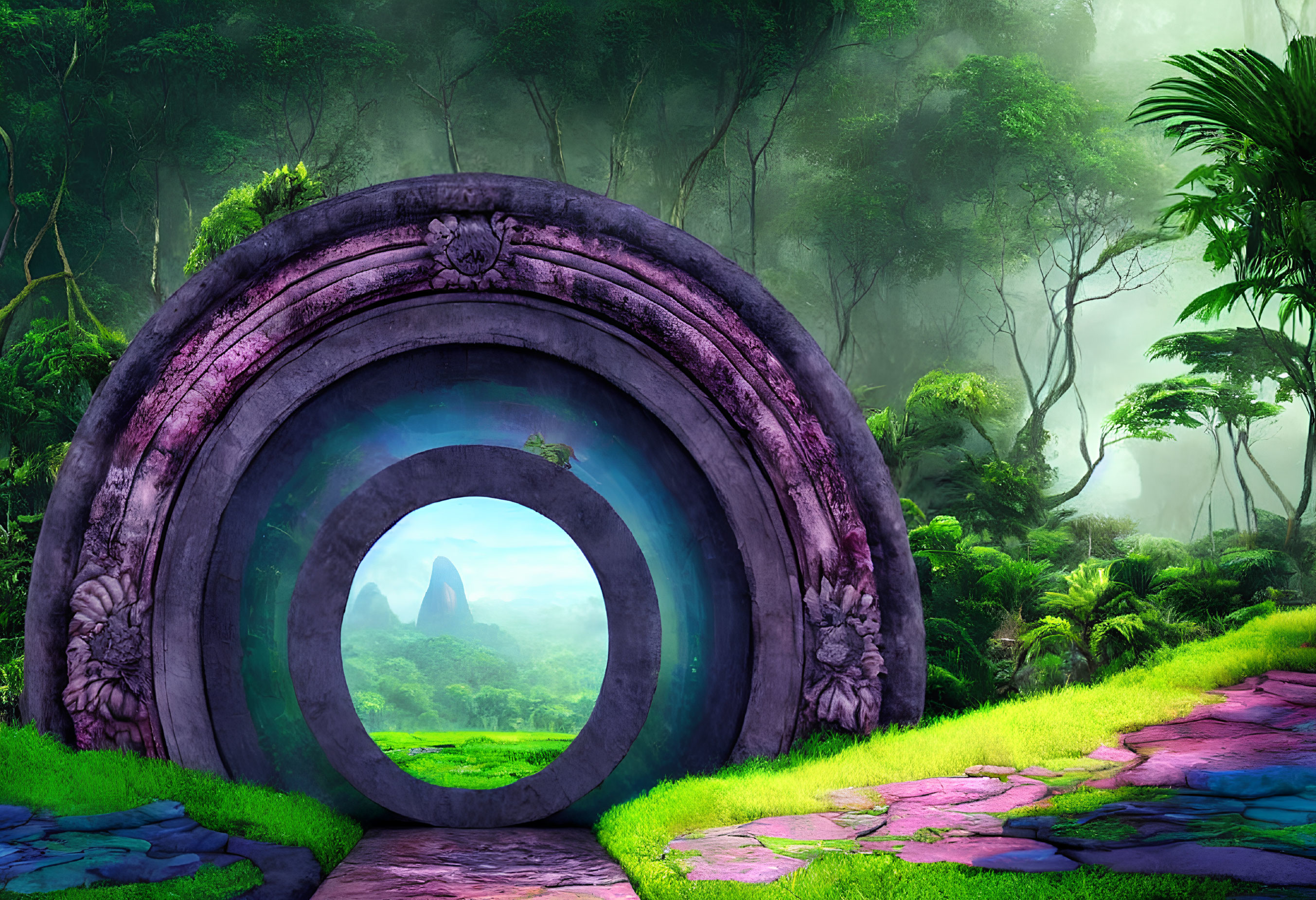 Stone circular portal with intricate carvings leading to lush green landscape and misty forest.