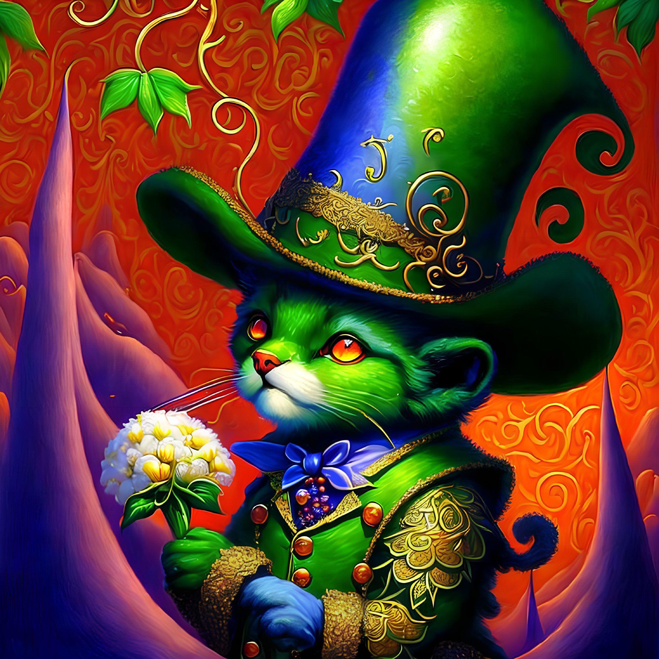 Anthropomorphic Green Cat in Elegant Attire on Fiery Orange Background