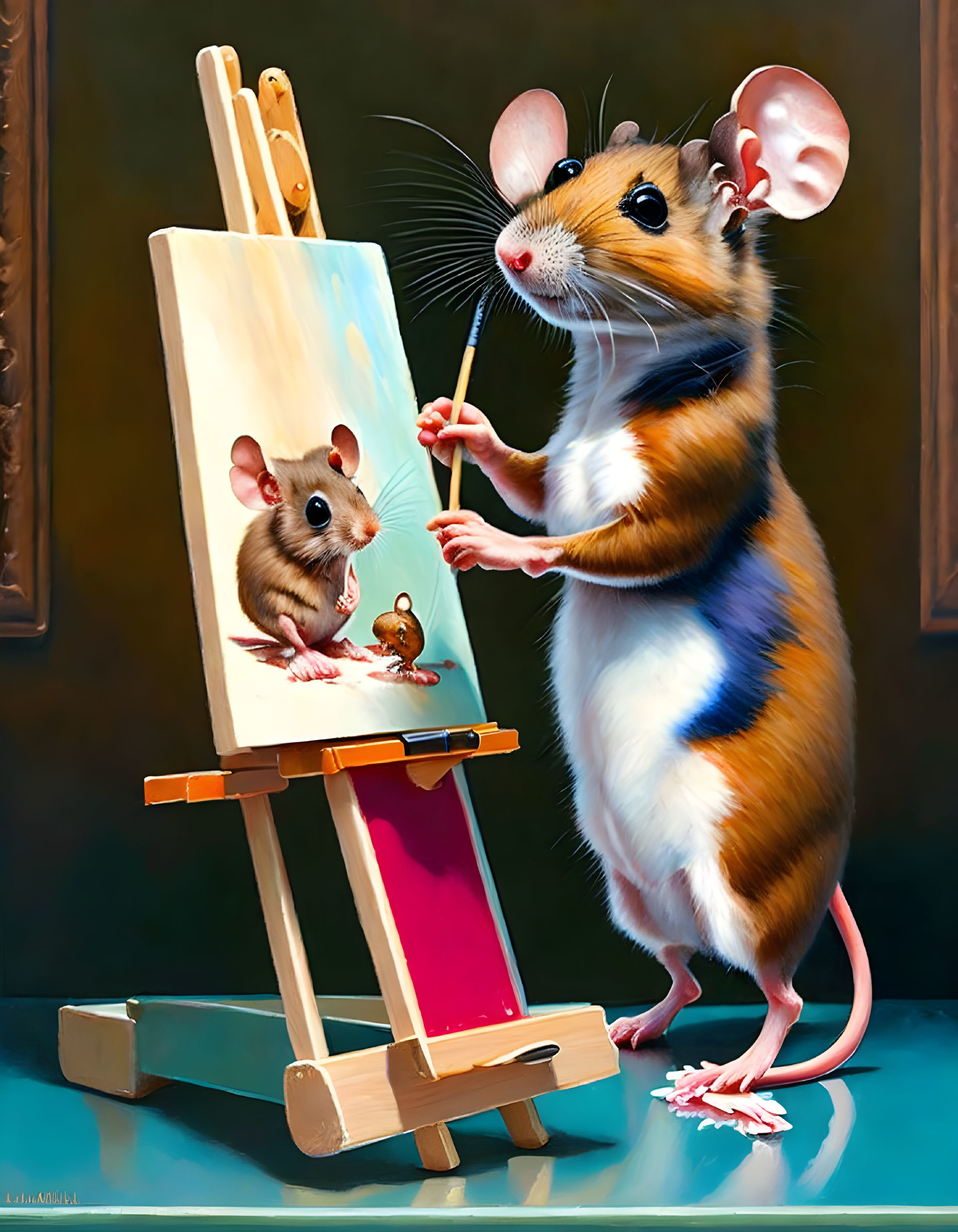 Anthropomorphic mouse painting portrait of smaller mouse on canvas in classical setting