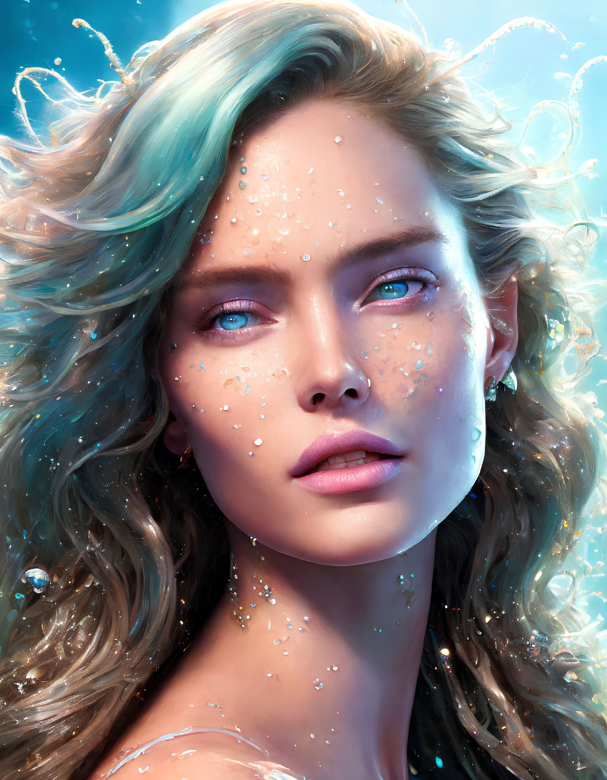 Portrait of woman with blue eyes, tousled hair, and water droplets on skin