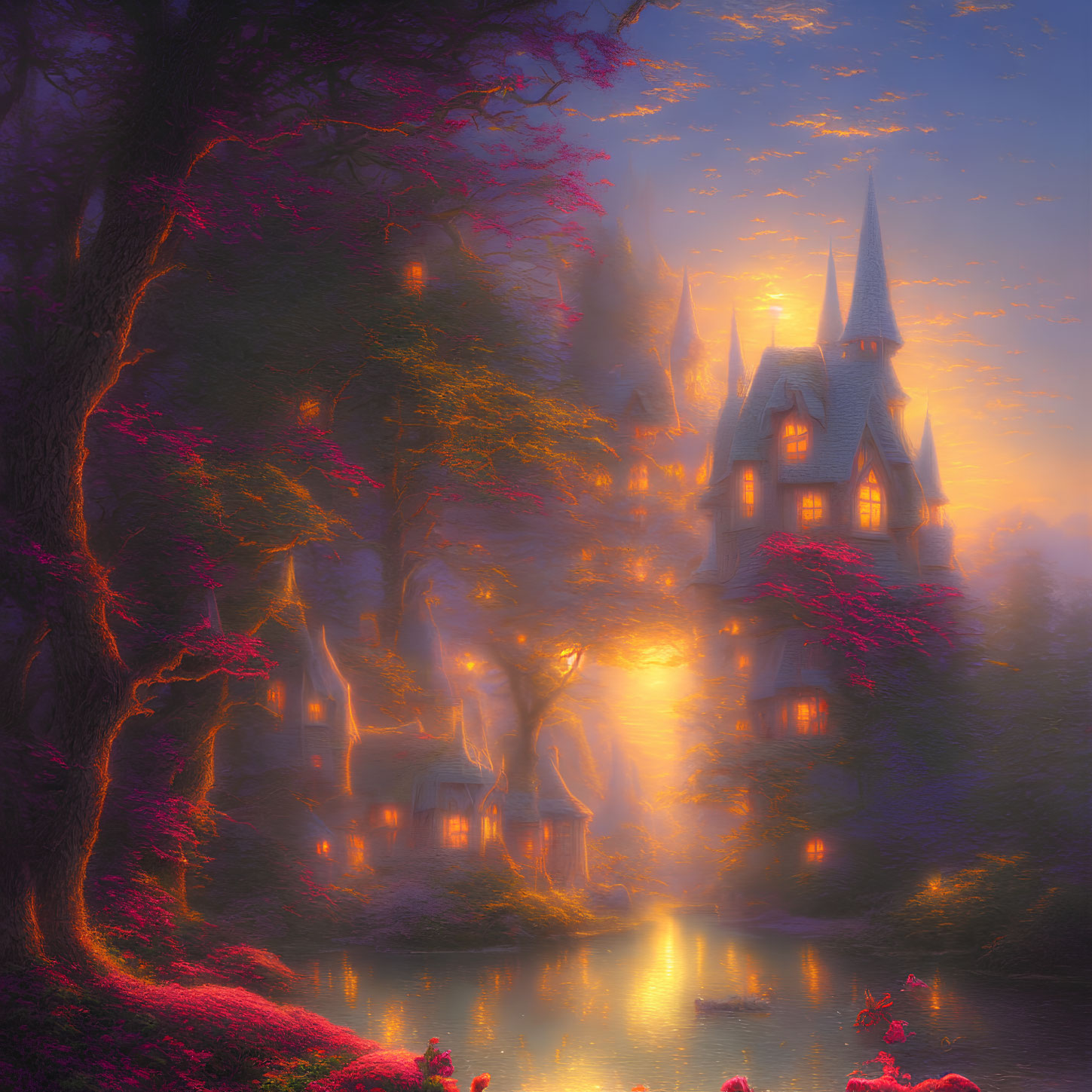 Enchanted forest castle with glowing flora, river, and sunset