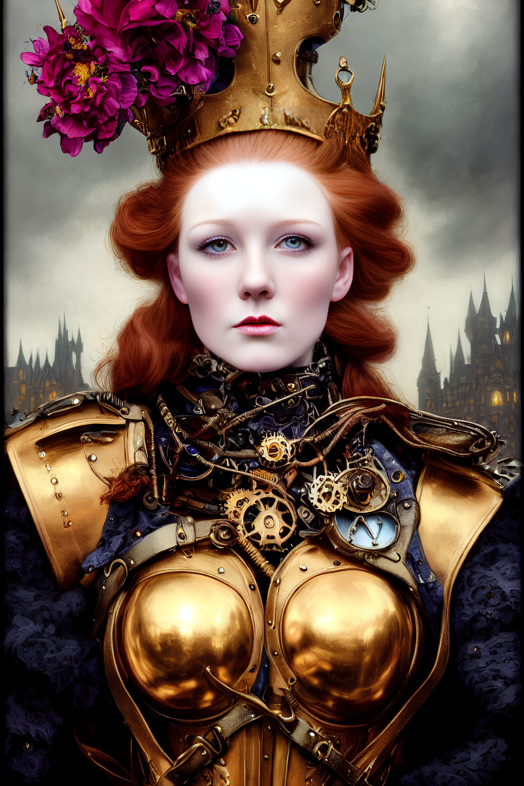 Regal figure with red hair and crown in steampunk armor against gothic backdrop