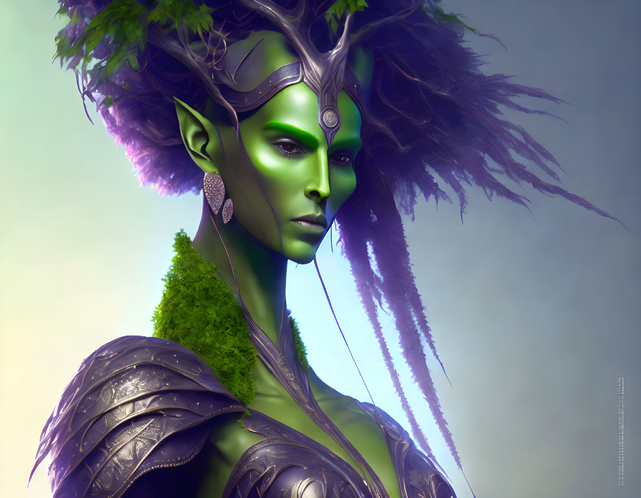 Fantasy illustration of green-skinned elf with ornate headgear