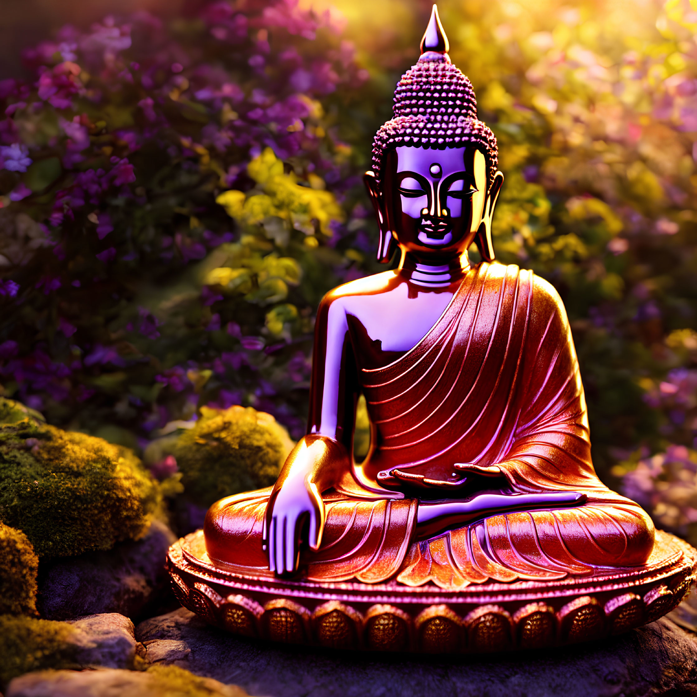 Purple Buddha Statue Meditating in Orange Drapes Amid Flower Garden