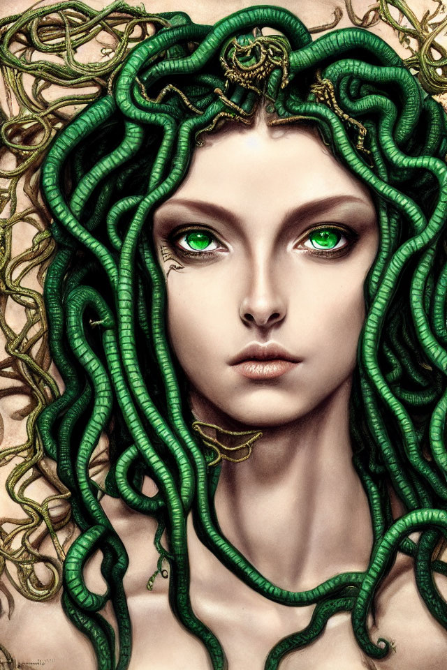 Vibrant green serpents: Medusa illustration on beige background