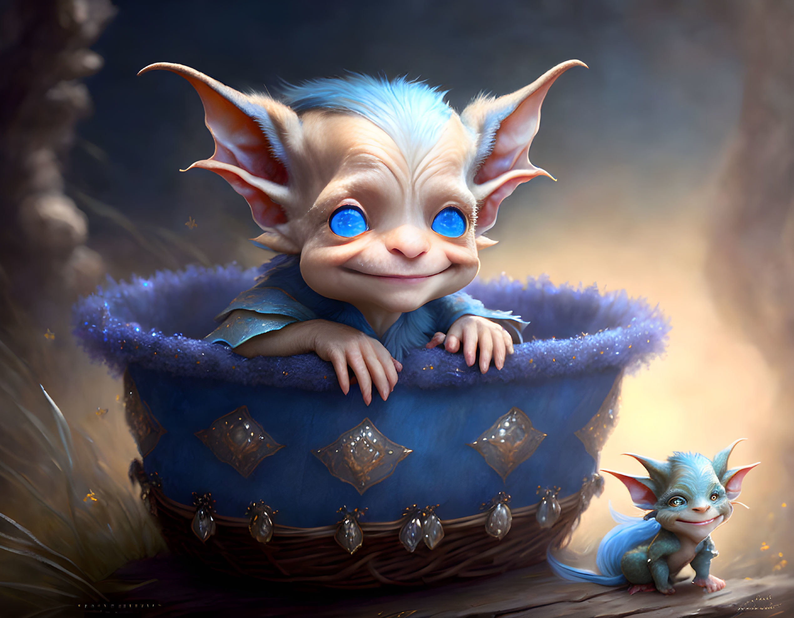 Illustration of cute, blue-eyed gremlin-like creatures in magical forest.
