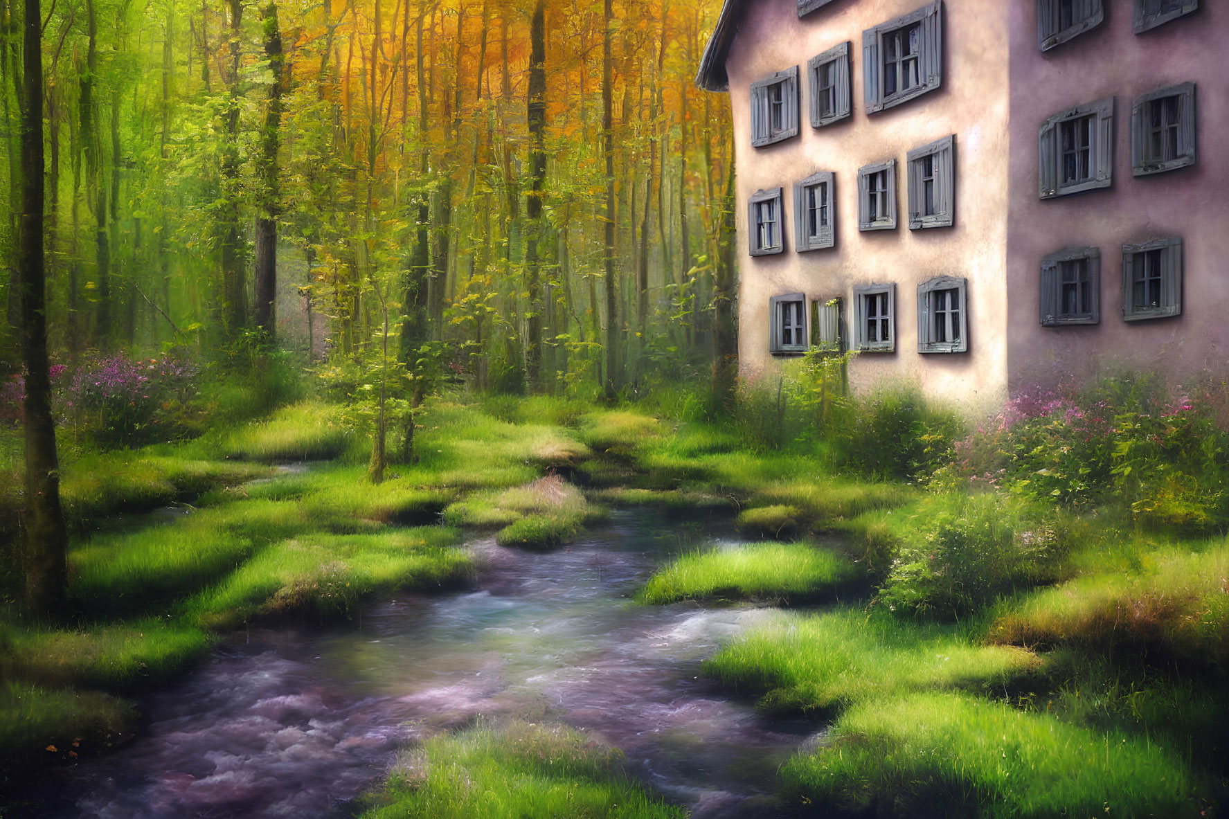 Tranquil stream in vibrant forest with fairytale house