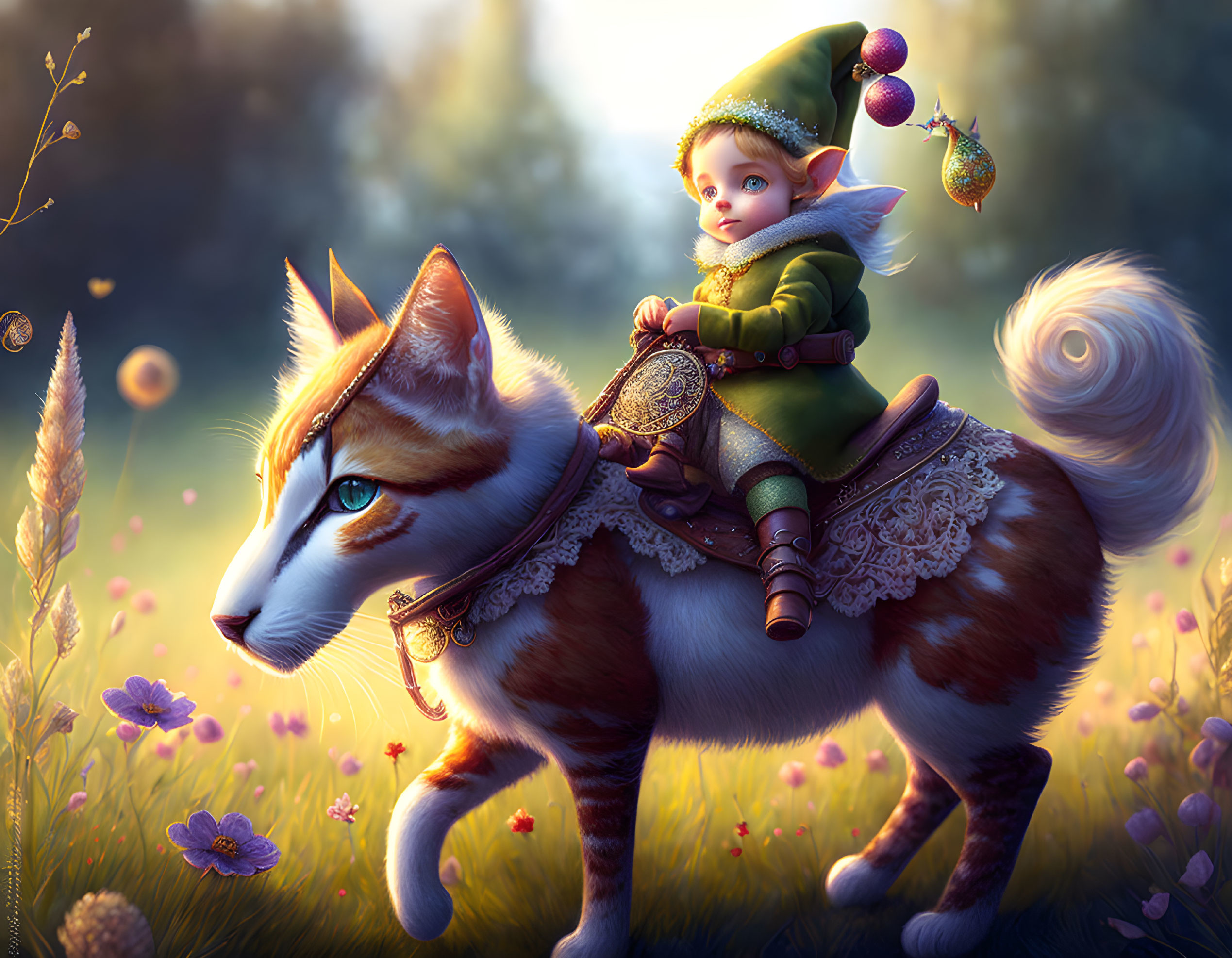 A cute little elf, riding on a cat.