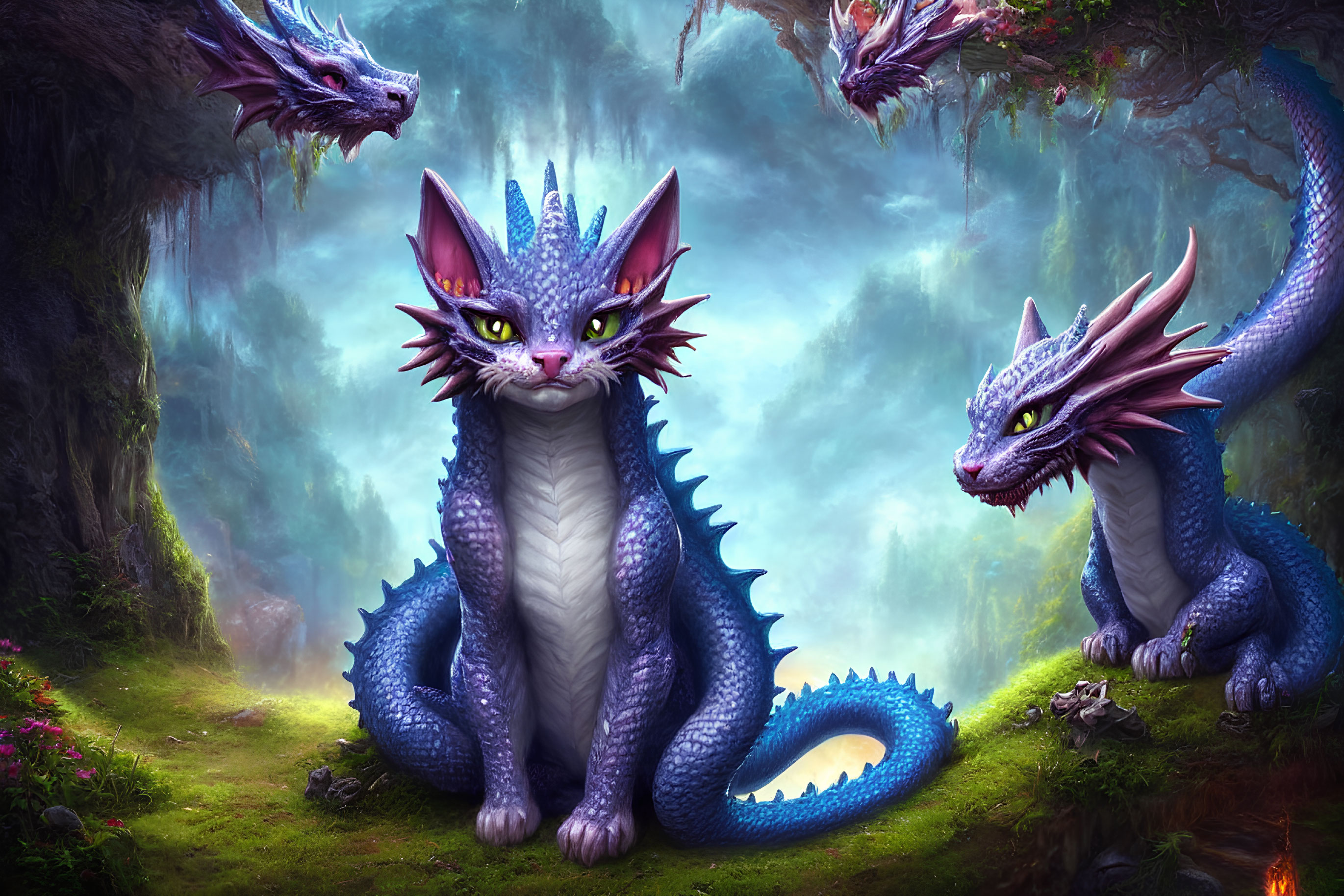 Three Blue and Purple Dragons in Mystical Forest Clearing