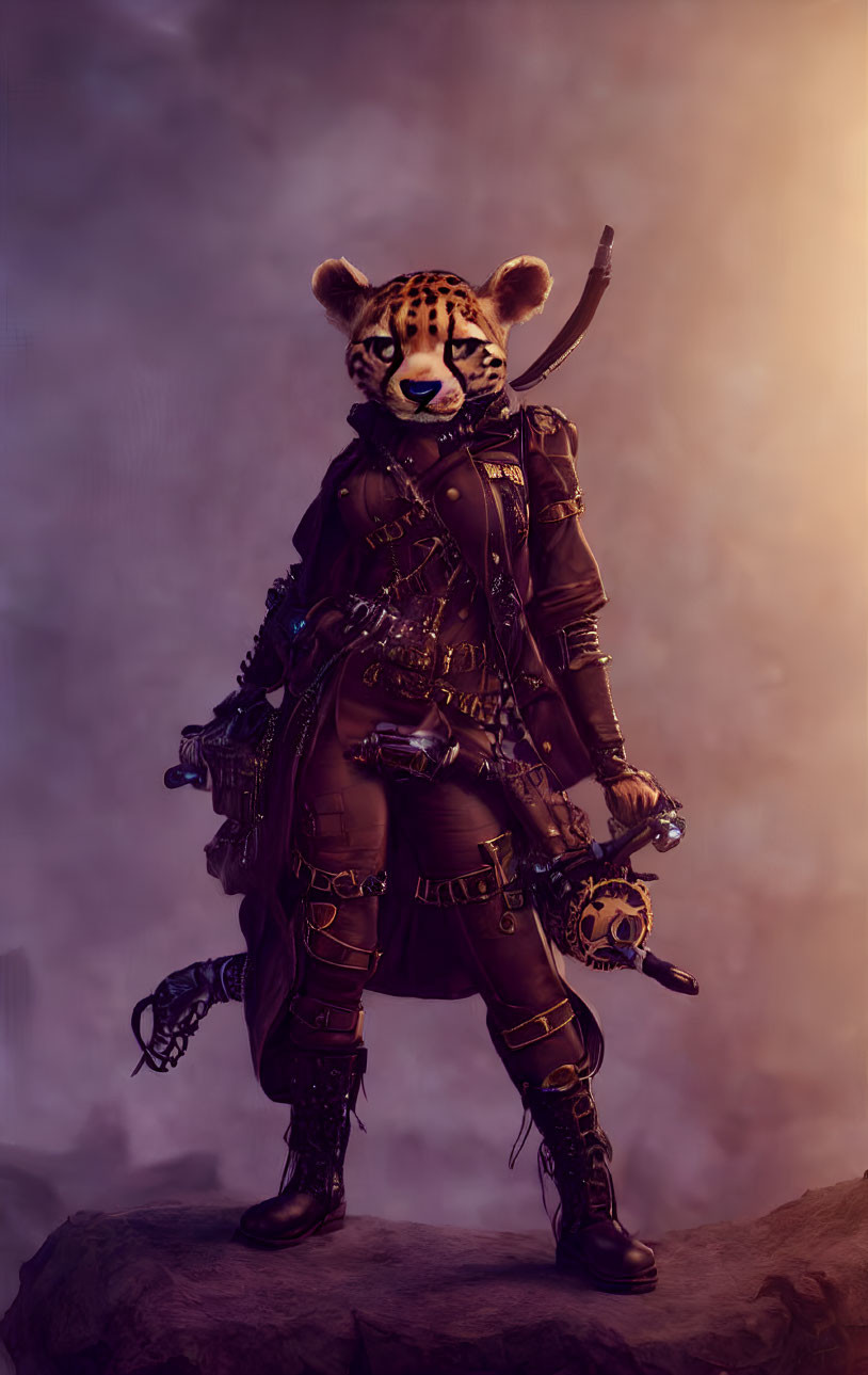 Elaborate steampunk costume with jaguar mask and gadgets pose dramatically