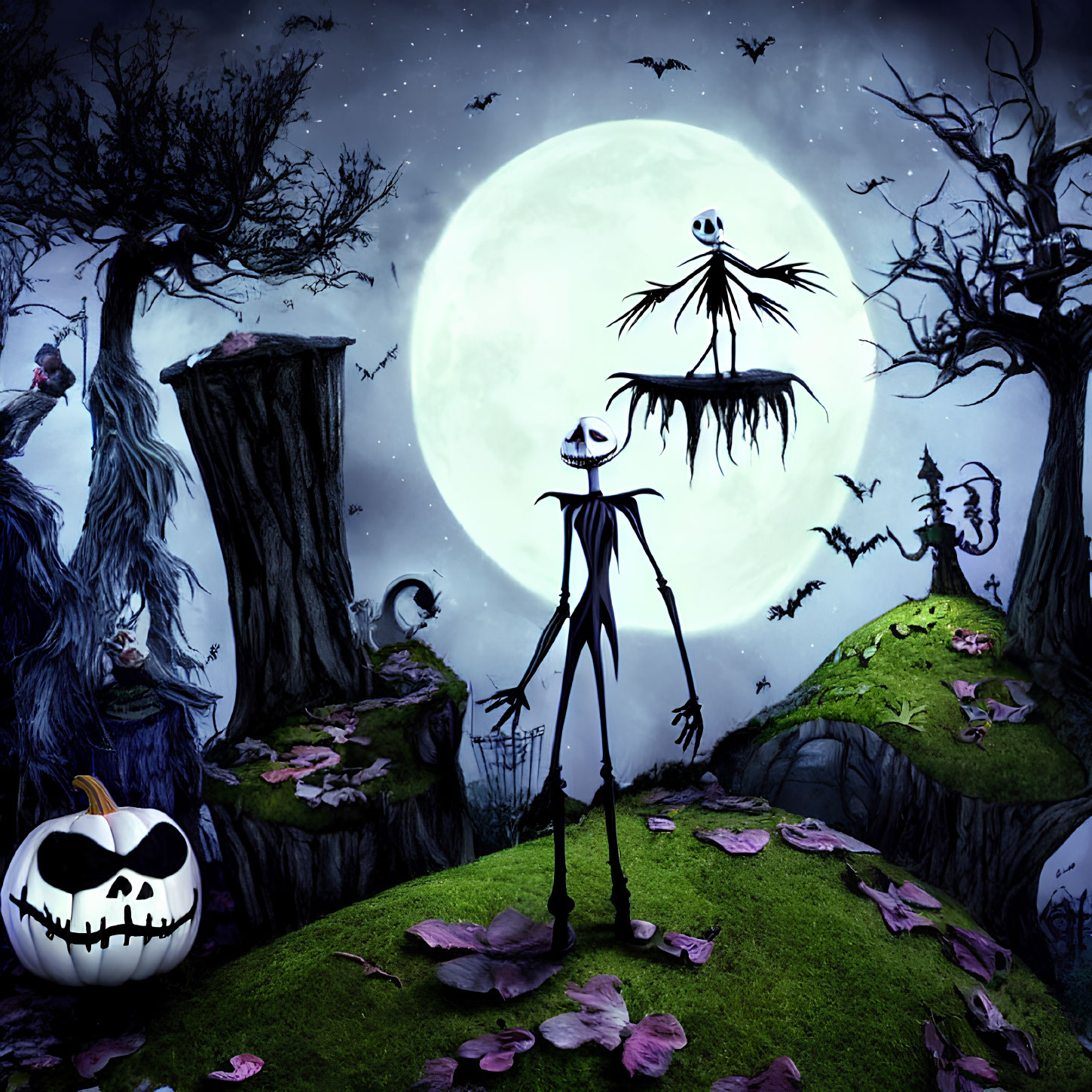 Spooky night scene with Jack Skellington and moon backdrop, eerie trees, bats, jack-o