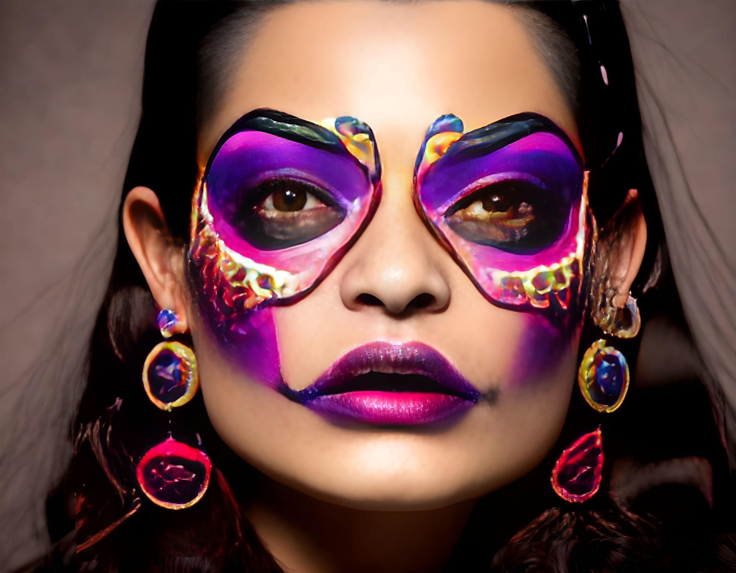 Colorful Butterfly Makeup with Purple Lipstick and Earrings
