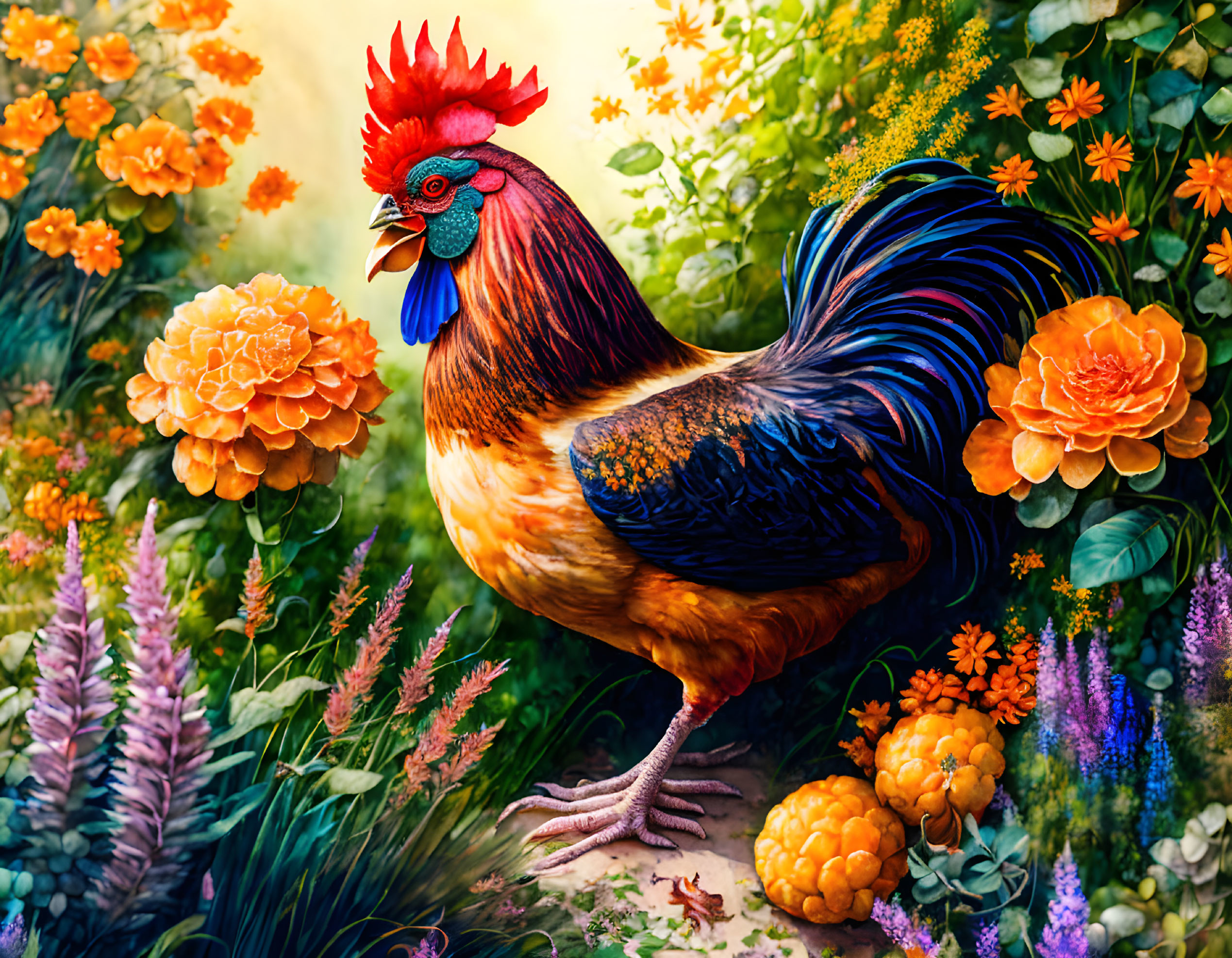 Colorful Rooster in Lush Garden with Flowers and Foliage