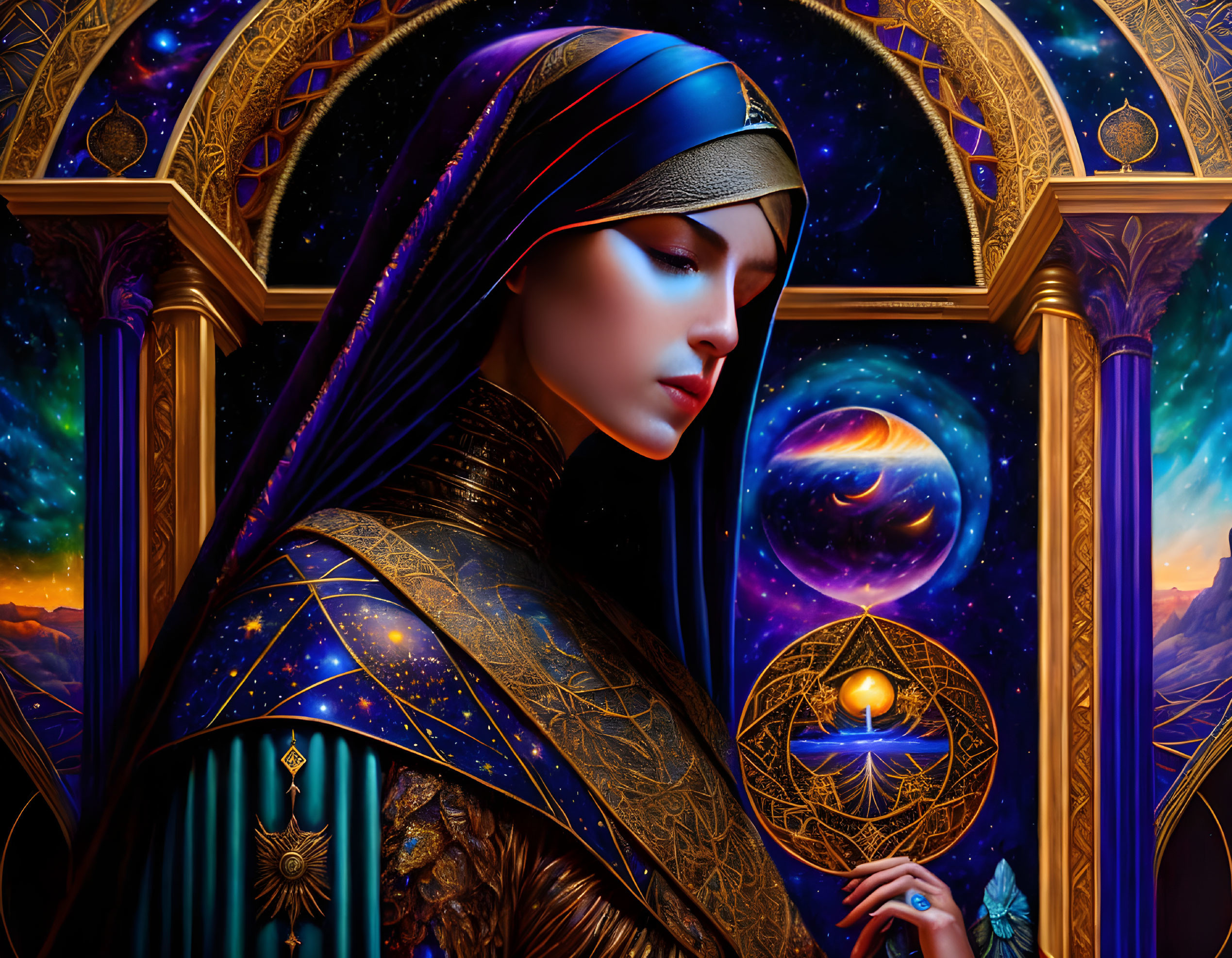 Celestial-themed woman portrait with cosmic background and ornate star attire.