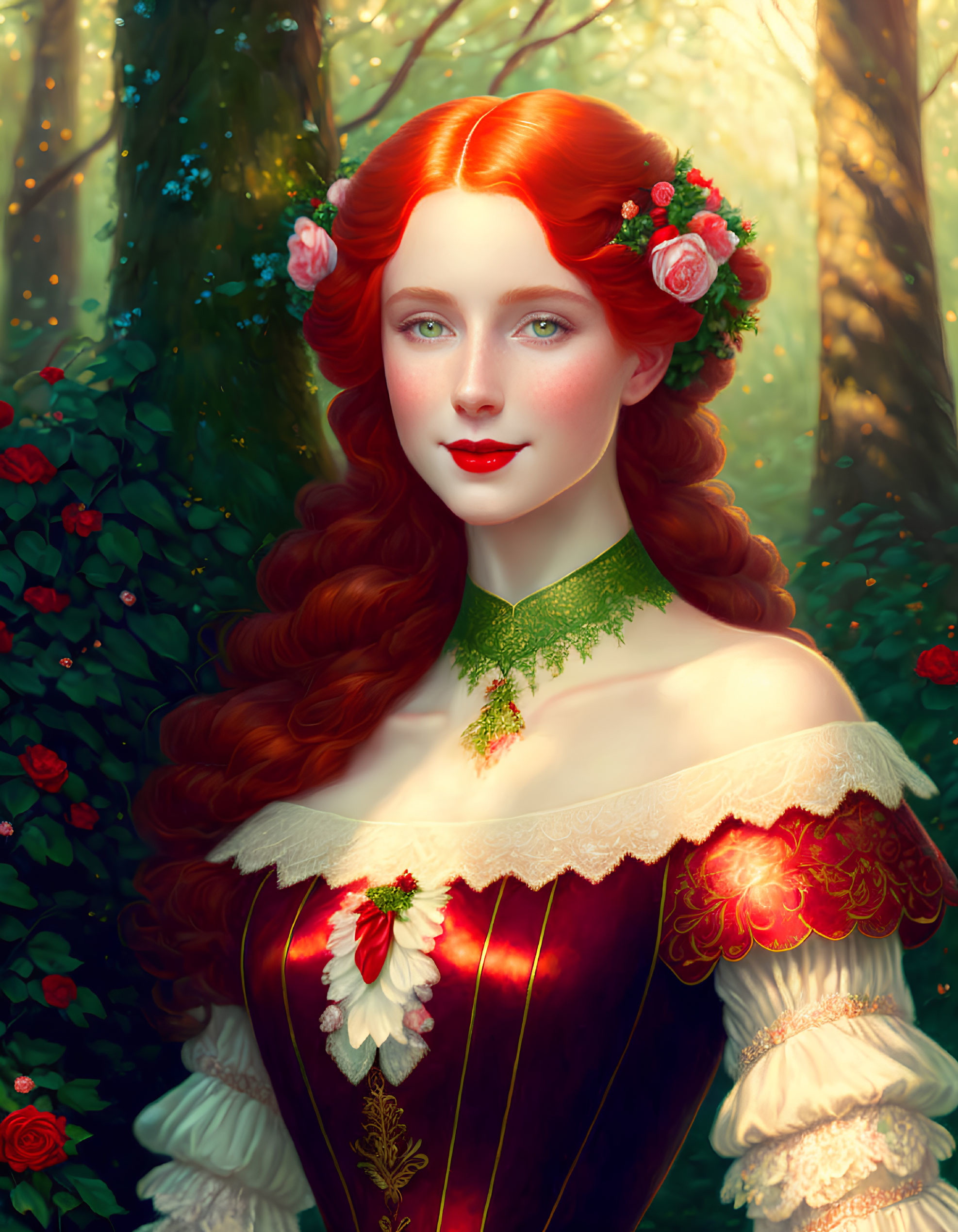 Illustration of woman with red hair, roses, Victorian dress, green choker