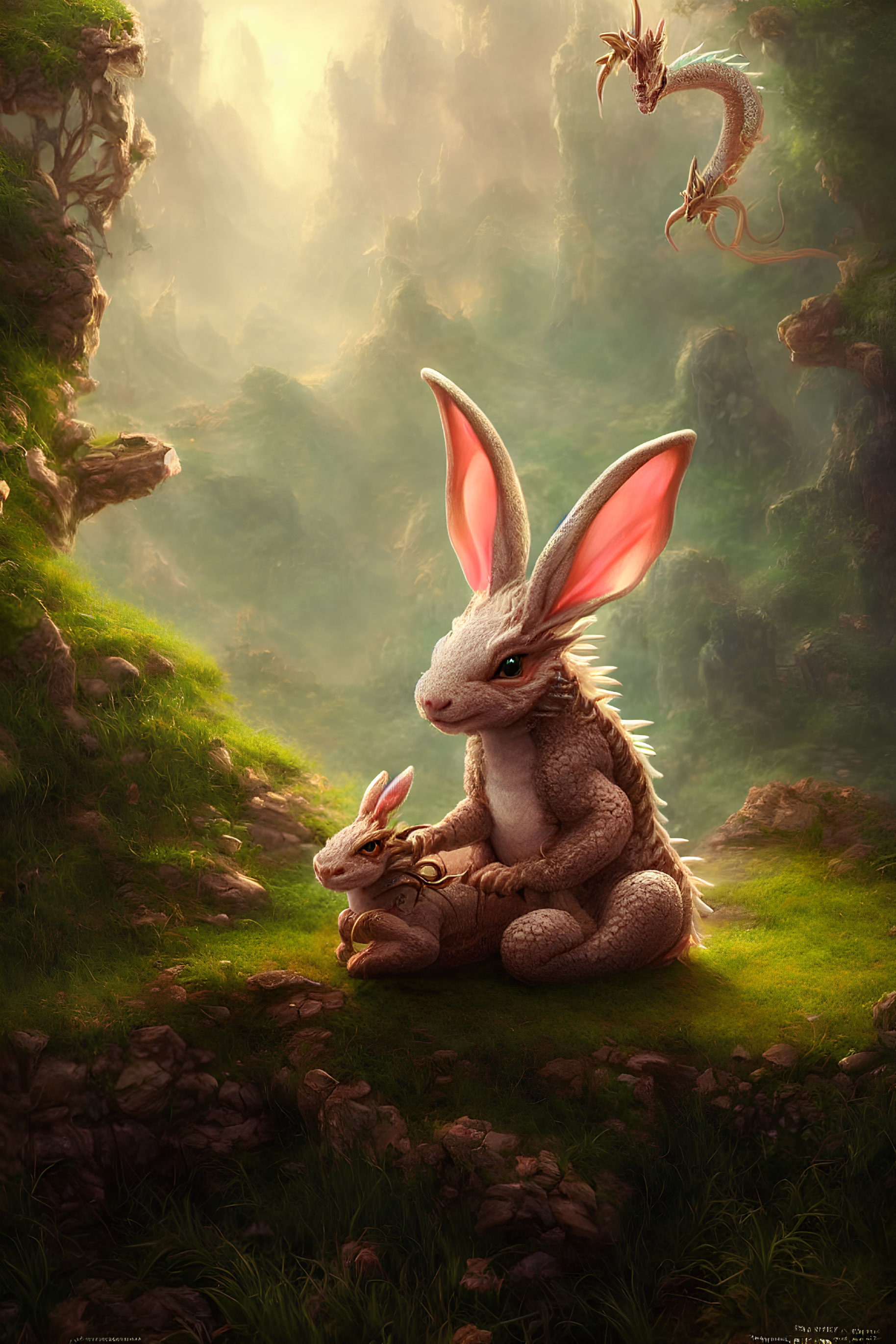 Fantasy image of rabbit-like creatures and dragon in mystical forest
