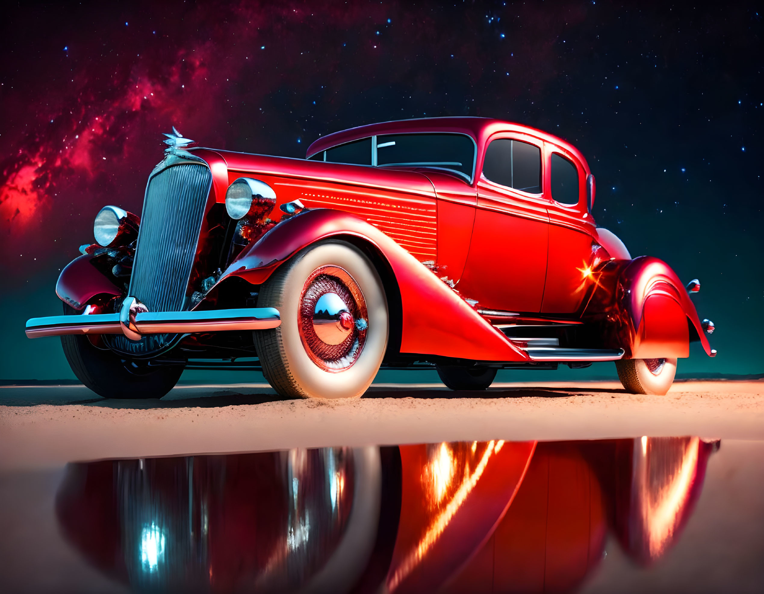 Classic Red Car Parked Under Starry Night Sky with Chrome Details