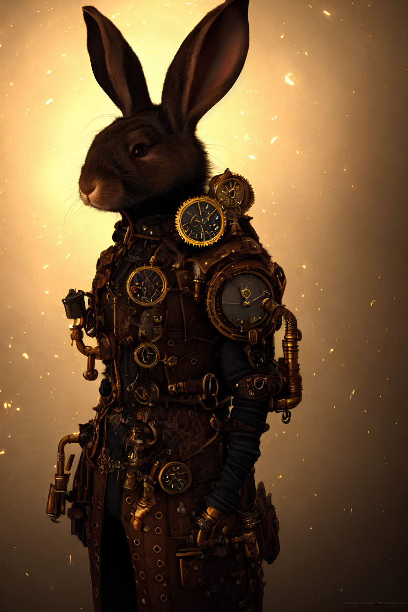 Steampunk rabbit character with clockwork elements in attire on warm backdrop