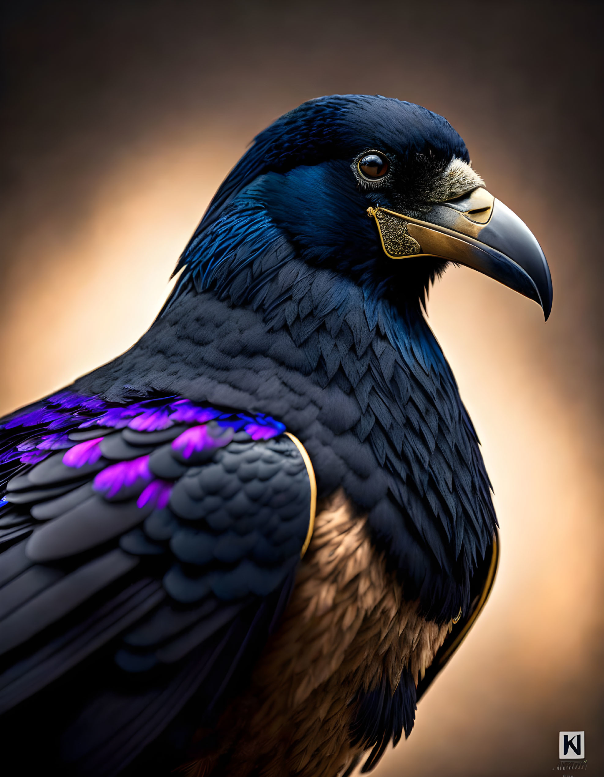 Glossy black raven with purple accents on amber background