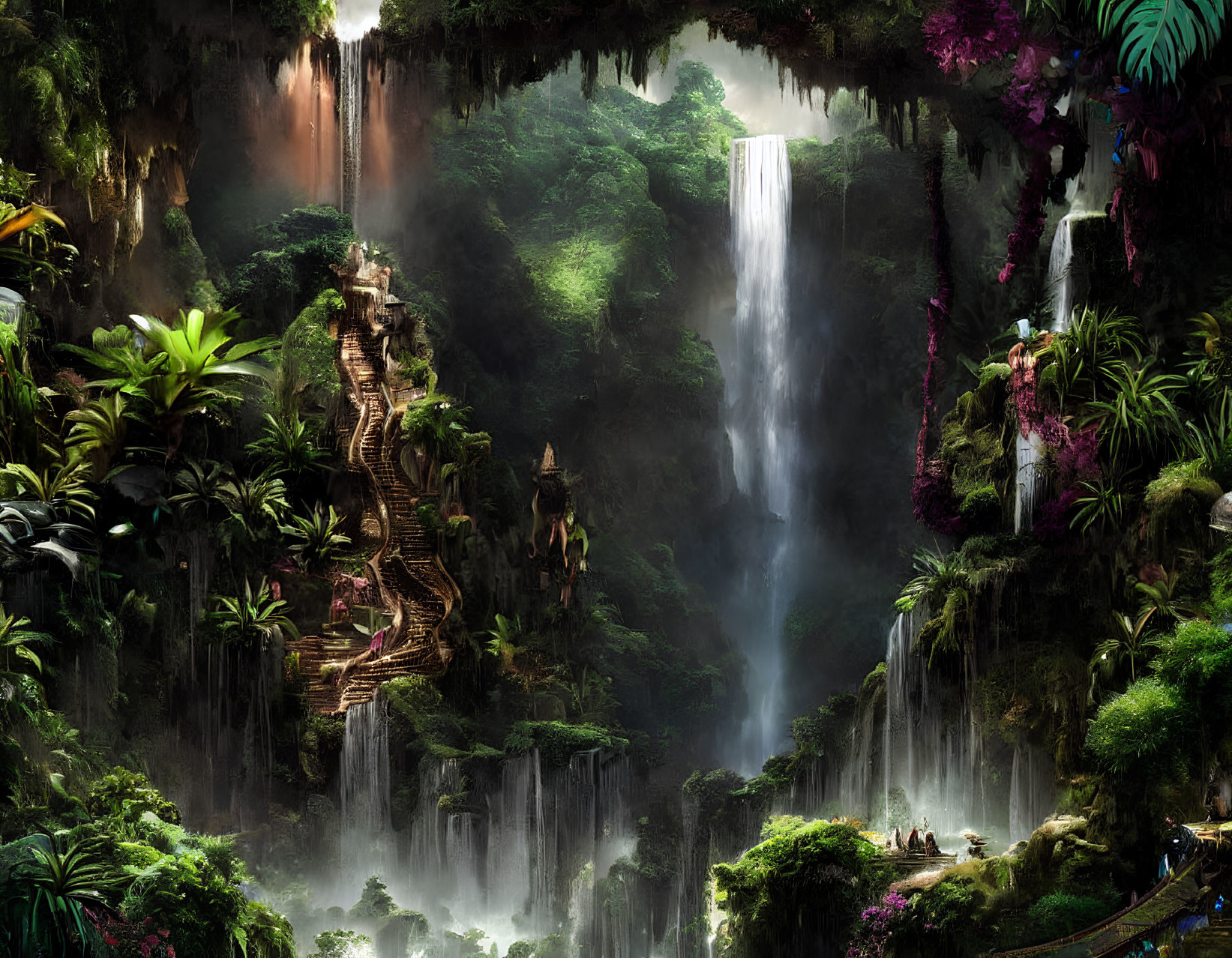 Lush forest with waterfalls, exotic vegetation, and ancient stairs
