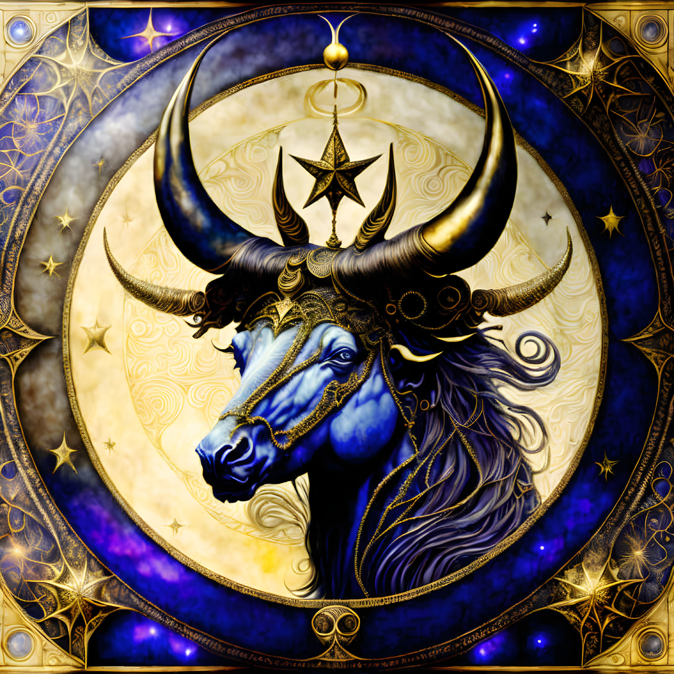 Celestial-themed bull's head with golden horns on blue and gold background
