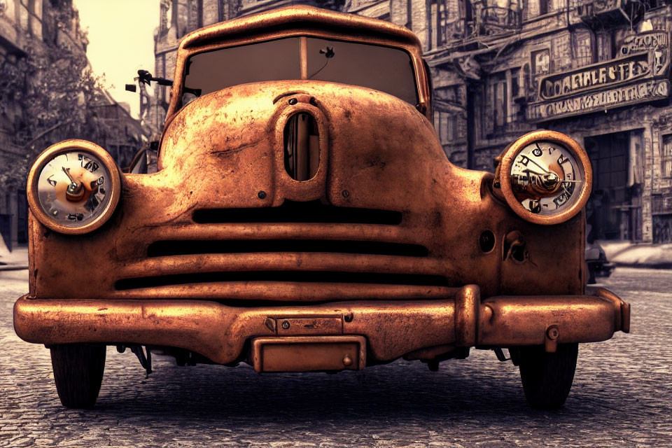 Rusty car with clock headlights in vintage city street