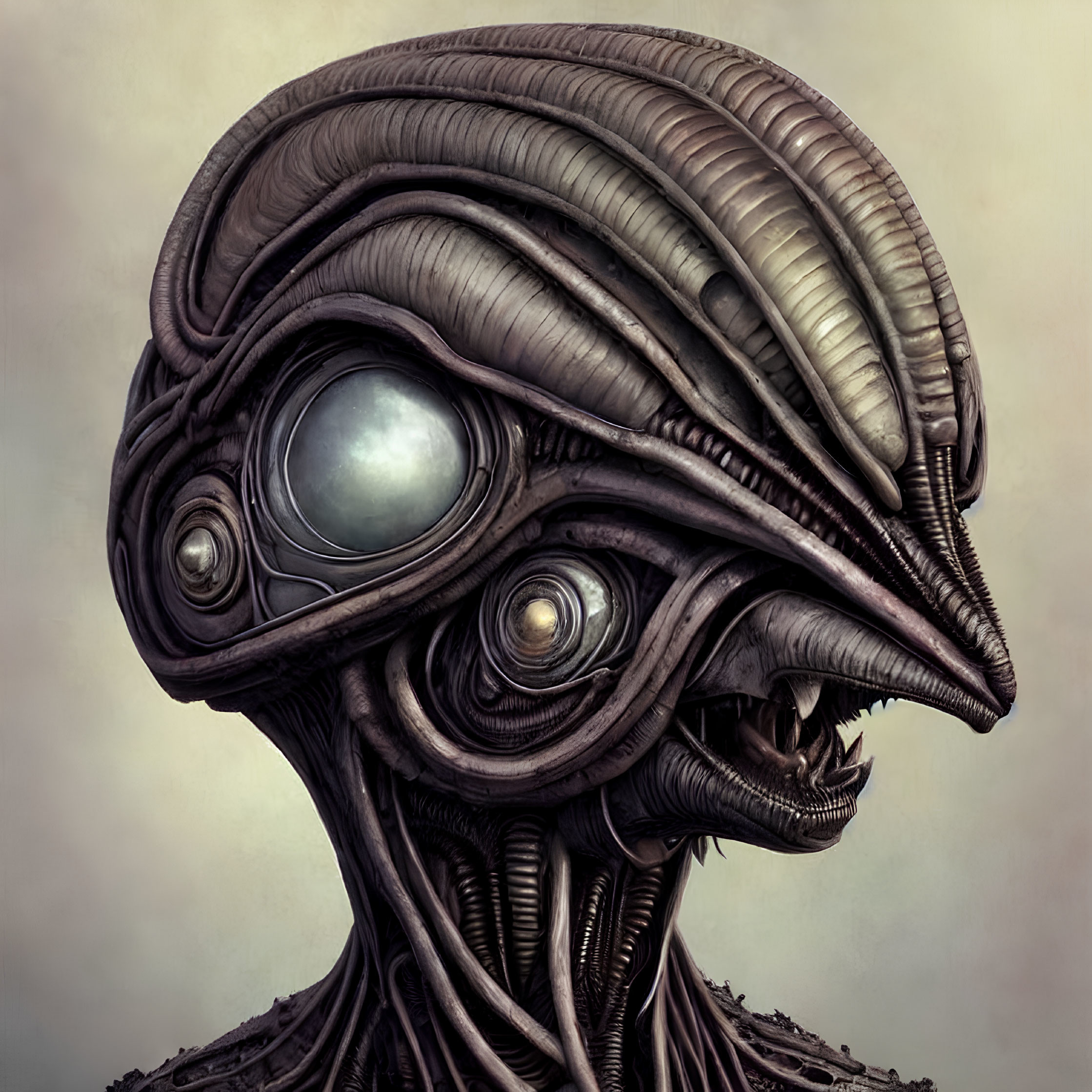 Detailed illustration of alien with layered skin and large eyes