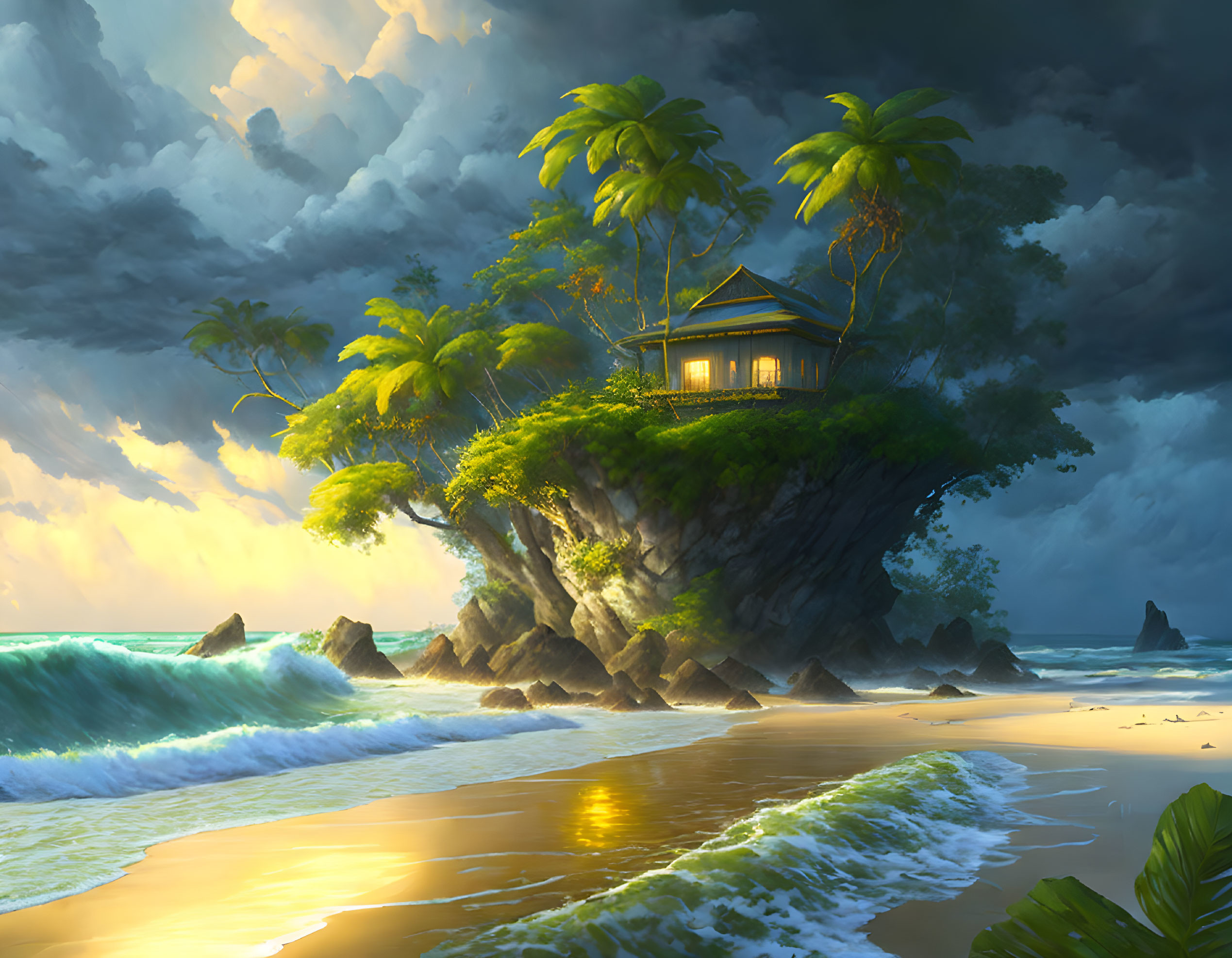   A beach house on a tropical rocky island
