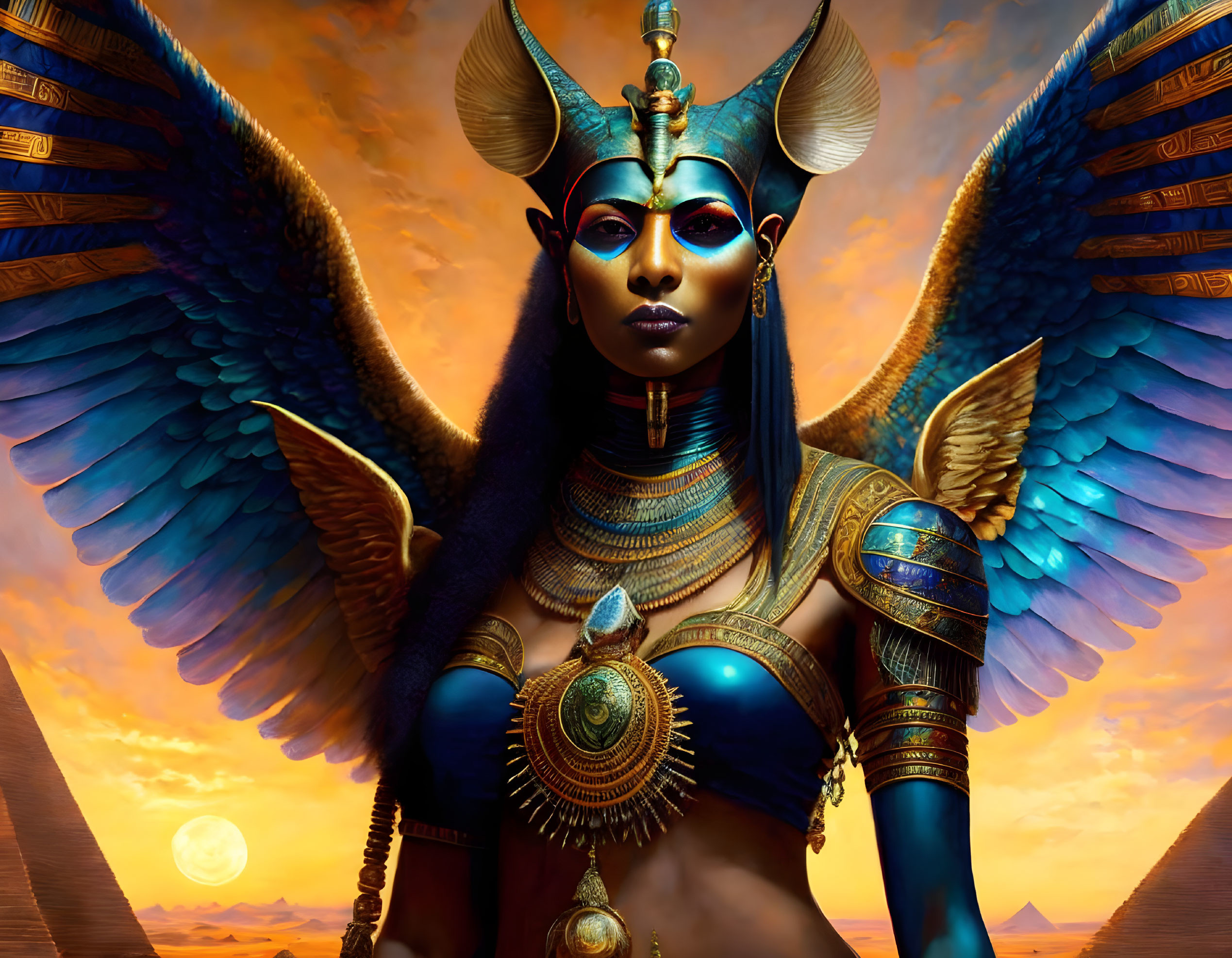Digital Art: Ancient Egyptian Goddess with Wings and Pyramids at Sunset