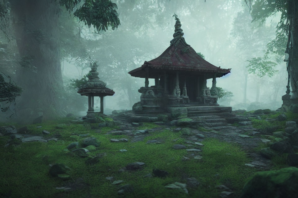 Ancient Stone Temple in Misty Forest Clearing