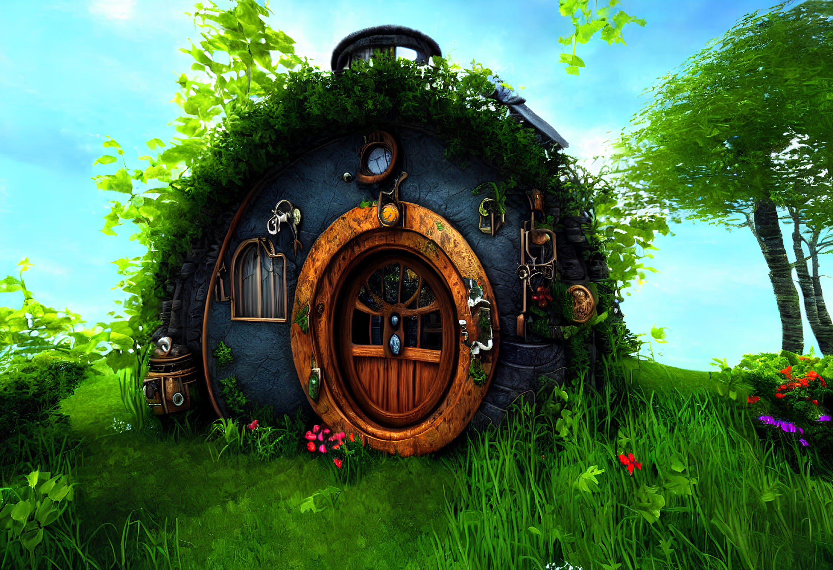 Whimsical round wooden door with intricate metalwork in lush green hillside