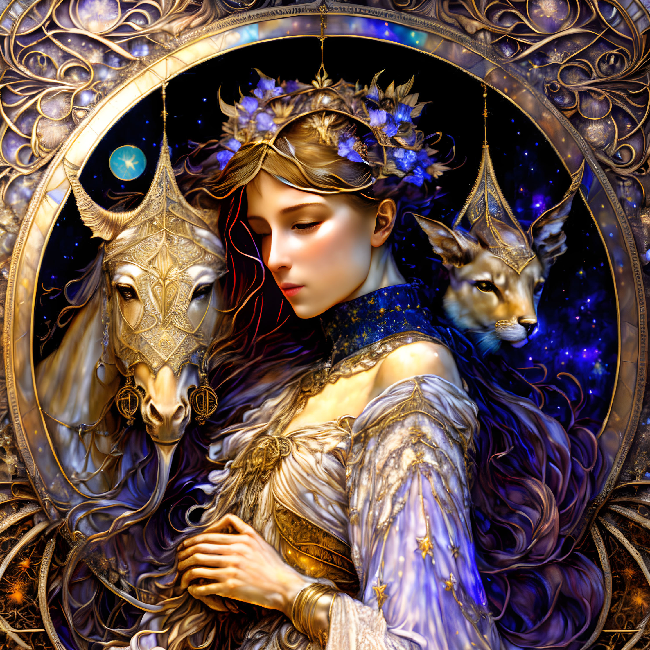 Fantasy artwork: Woman with starry aura, golden horse, and mystical feline in ornate