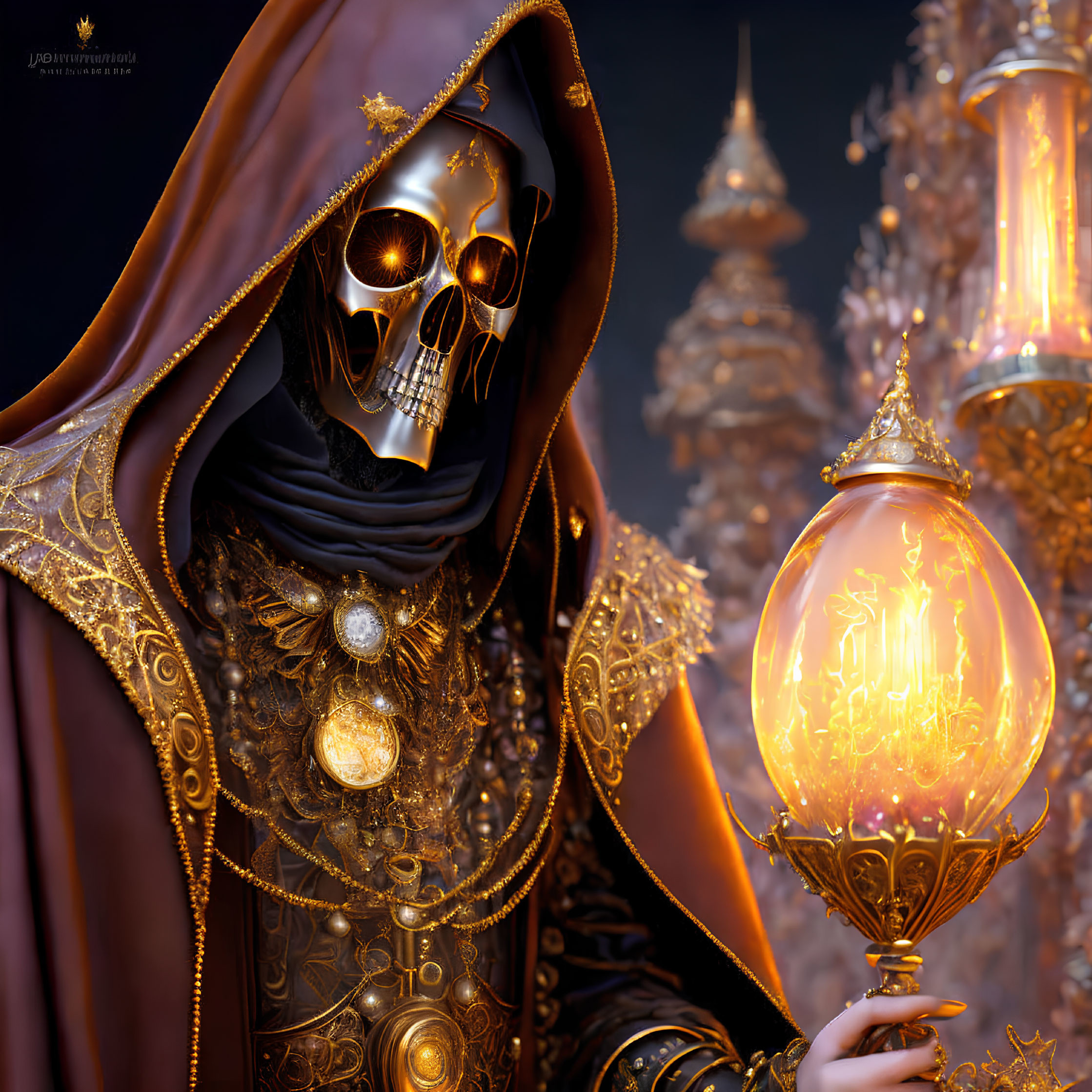 Robed Figure with Golden Skull Face and Luminous Staff