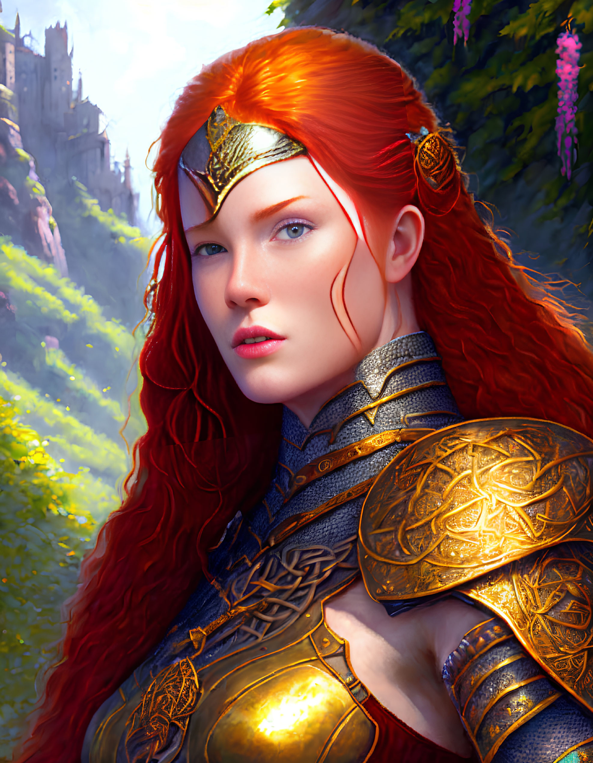 Regal woman with red hair in golden armor at fantasy castle.