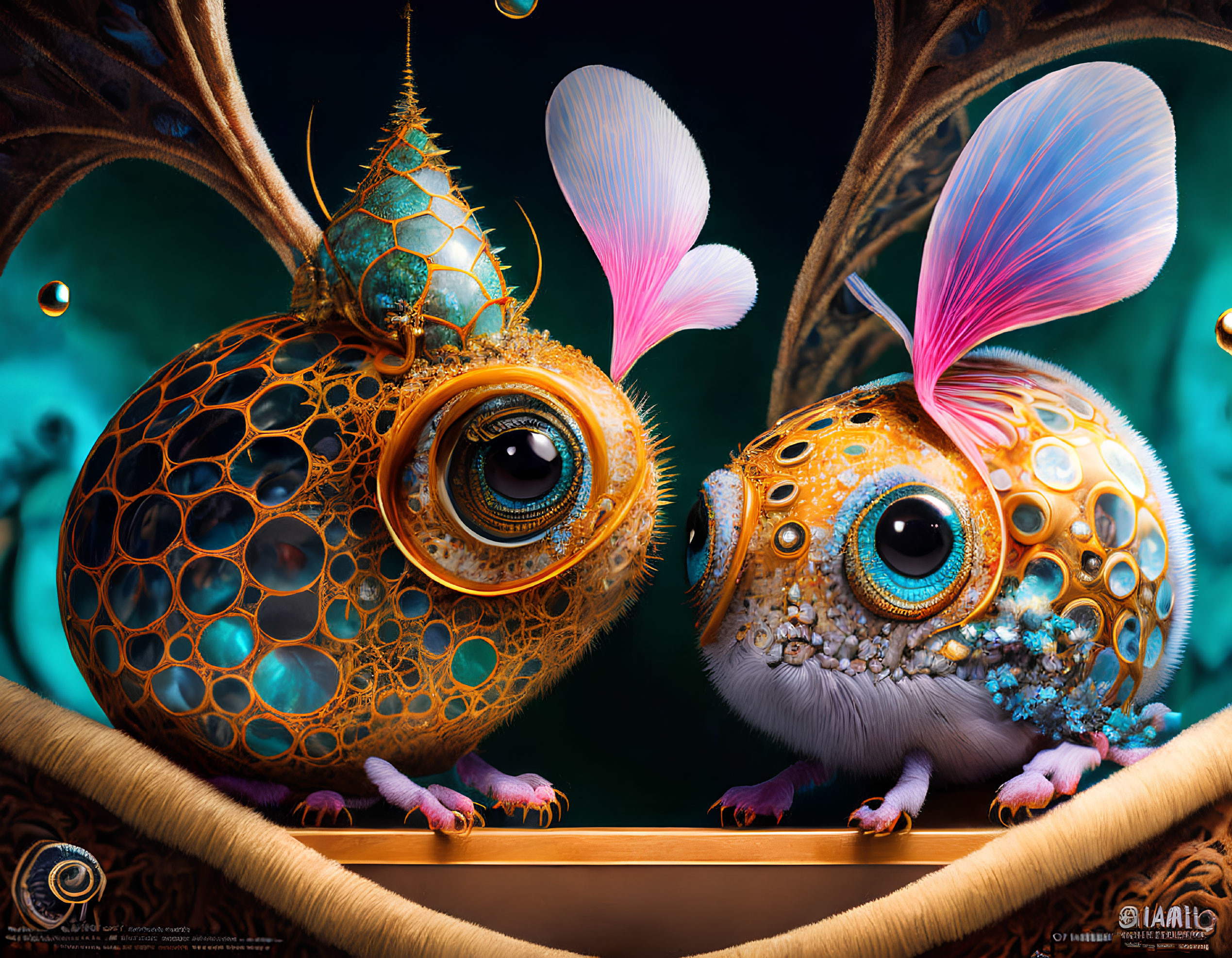 Whimsical fantasy creatures with expressive eyes in surreal setting