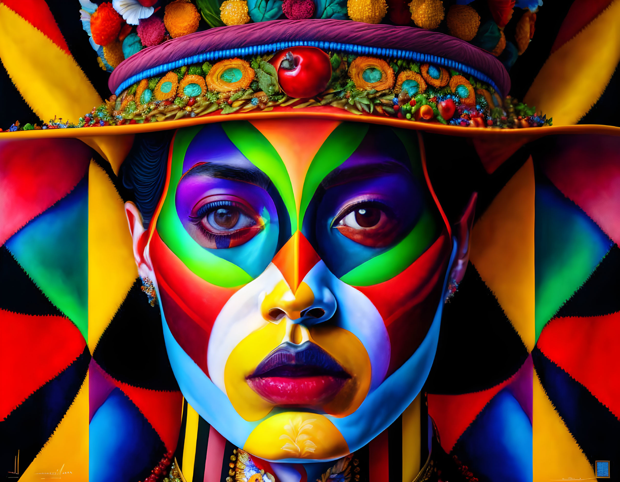 Colorful close-up portrait of person with painted face and fruit hat